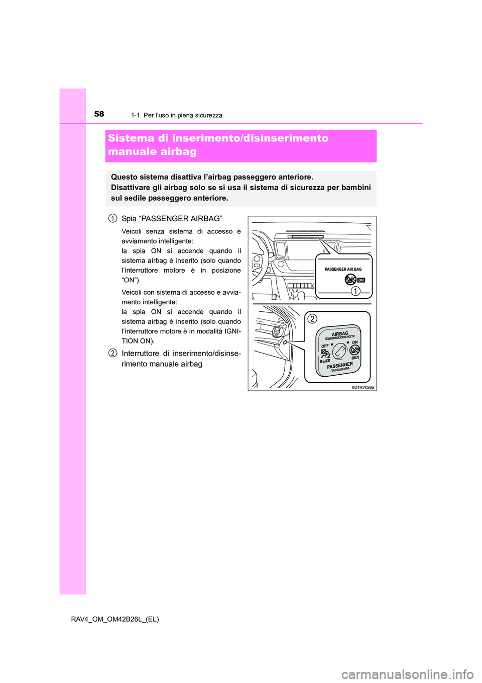 TOYOTA RAV4 2016 Manuale duso (in Italian) 581-1. Per l’uso in piena sicurezza
RAV4_OM_OM42B26L_(EL)
Sistema di inserimento/disinserimento
manuale airbag
Spia “PASSENGER AIRBAG”
Veicoli senza sistema di accesso e
avviamento intelligente TOYOTA RAV4 2016 Manuale duso (in Italian) 581-1. Per l’uso in piena sicurezza
RAV4_OM_OM42B26L_(EL)
Sistema di inserimento/disinserimento
manuale airbag
Spia “PASSENGER AIRBAG”
Veicoli senza sistema di accesso e
avviamento intelligente