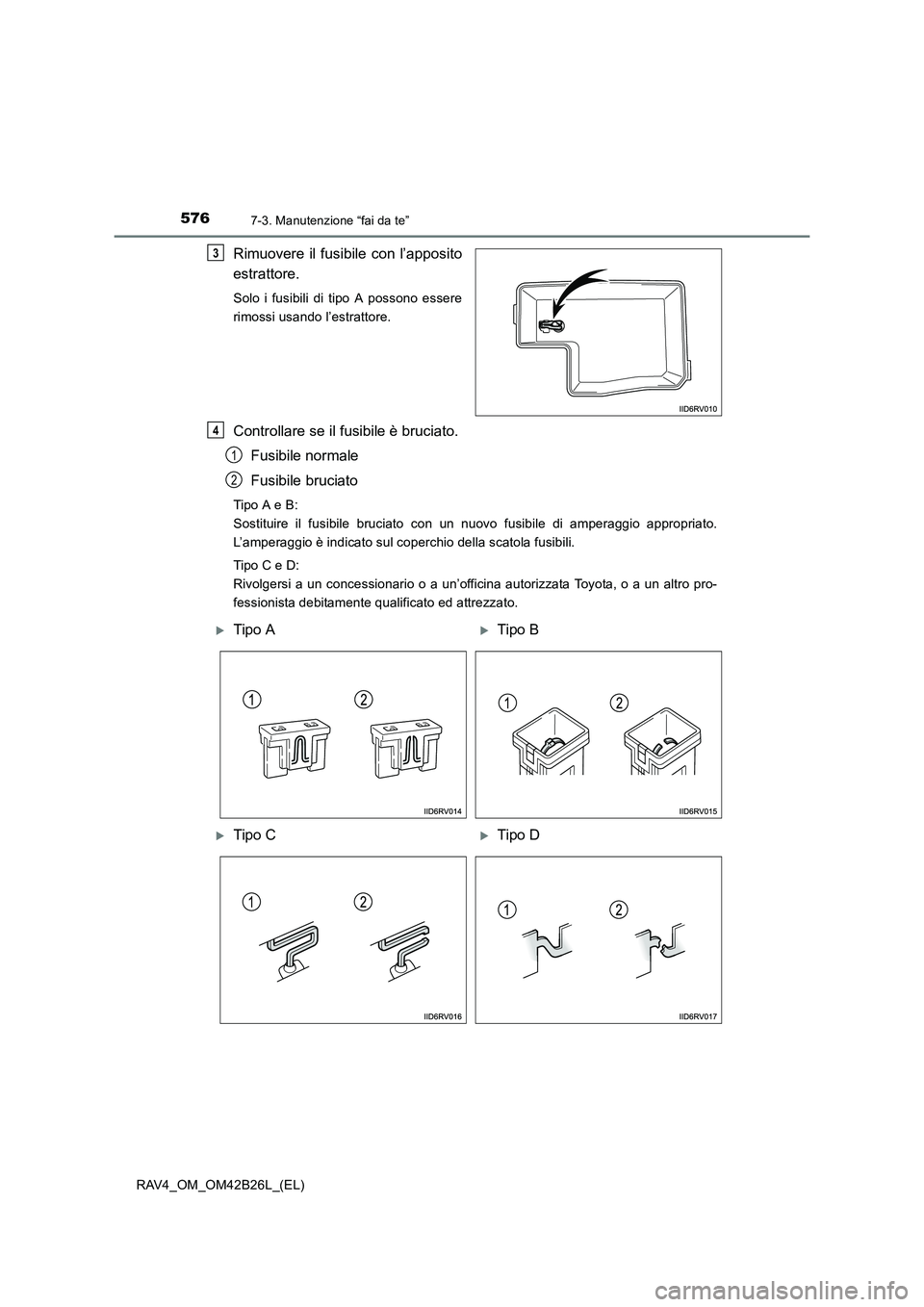 TOYOTA RAV4 2016  Manuale duso (in Italian) 5767-3. Manutenzione “fai da te”
RAV4_OM_OM42B26L_(EL)
Rimuovere il fusibile con l’apposito
estrattore.
Solo i fusibili di tipo A possono essere
rimossi usando l’estrattore.
Controllare se il 