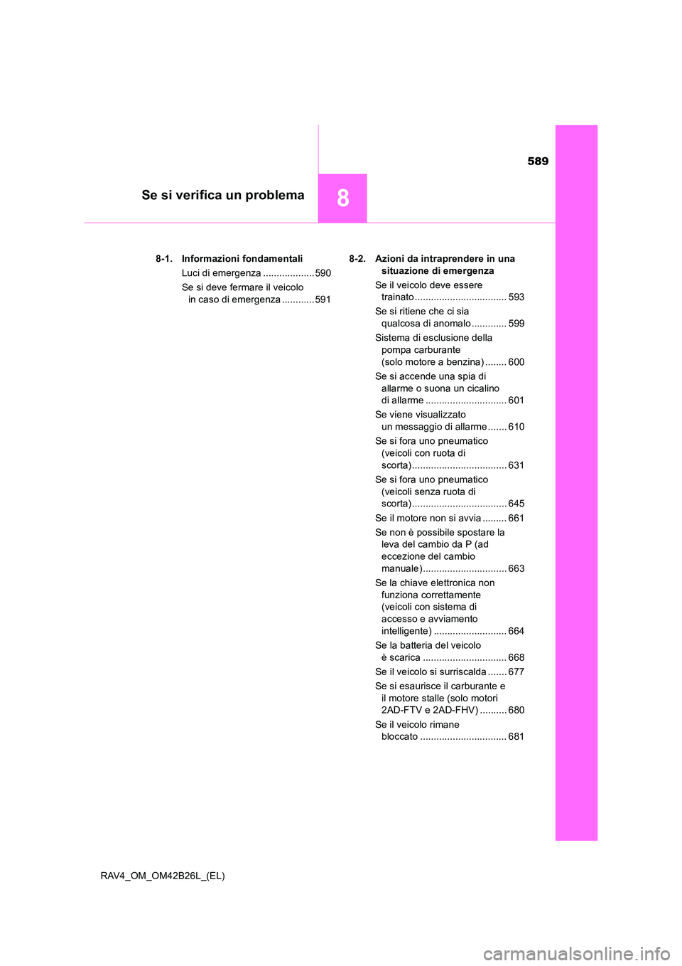TOYOTA RAV4 2016 Manuale duso (in Italian) 589
8Se si verifica un problema
RAV4_OM_OM42B26L_(EL)8-1. Informazioni fondamentali
Luci di emergenza ...................590
Se si deve fermare il veicolo in caso di emergenza ............591 8-2. Azi TOYOTA RAV4 2016 Manuale duso (in Italian) 589
8Se si verifica un problema
RAV4_OM_OM42B26L_(EL)8-1. Informazioni fondamentali
Luci di emergenza ...................590
Se si deve fermare il veicolo in caso di emergenza ............591 8-2. Azi