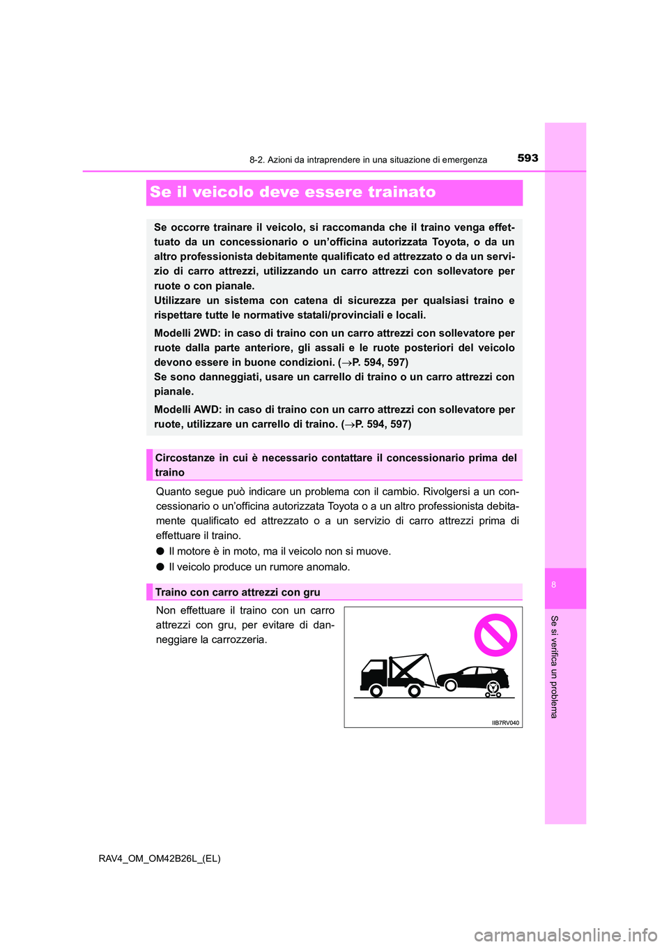 TOYOTA RAV4 2016 Manuale duso (in Italian) 5938-2. Azioni da intraprendere in una situazione di emergenza
8
Se si verifica un problema
RAV4_OM_OM42B26L_(EL)
Se il veicolo deve essere trainato
Quanto segue può indicare un problema con il cambi TOYOTA RAV4 2016 Manuale duso (in Italian) 5938-2. Azioni da intraprendere in una situazione di emergenza
8
Se si verifica un problema
RAV4_OM_OM42B26L_(EL)
Se il veicolo deve essere trainato
Quanto segue può indicare un problema con il cambi