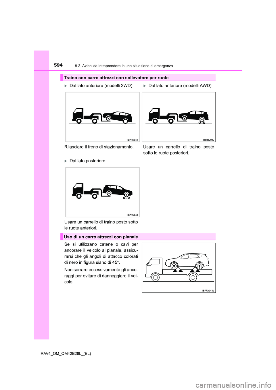 TOYOTA RAV4 2016 Manuale duso (in Italian) 5948-2. Azioni da intraprendere in una situazione di emergenza
RAV4_OM_OM42B26L_(EL)
Se si utilizzano catene o cavi per
ancorare il veicolo al pianale, assicu-
rarsi che gli angoli di attacco colorati TOYOTA RAV4 2016 Manuale duso (in Italian) 5948-2. Azioni da intraprendere in una situazione di emergenza
RAV4_OM_OM42B26L_(EL)
Se si utilizzano catene o cavi per
ancorare il veicolo al pianale, assicu-
rarsi che gli angoli di attacco colorati