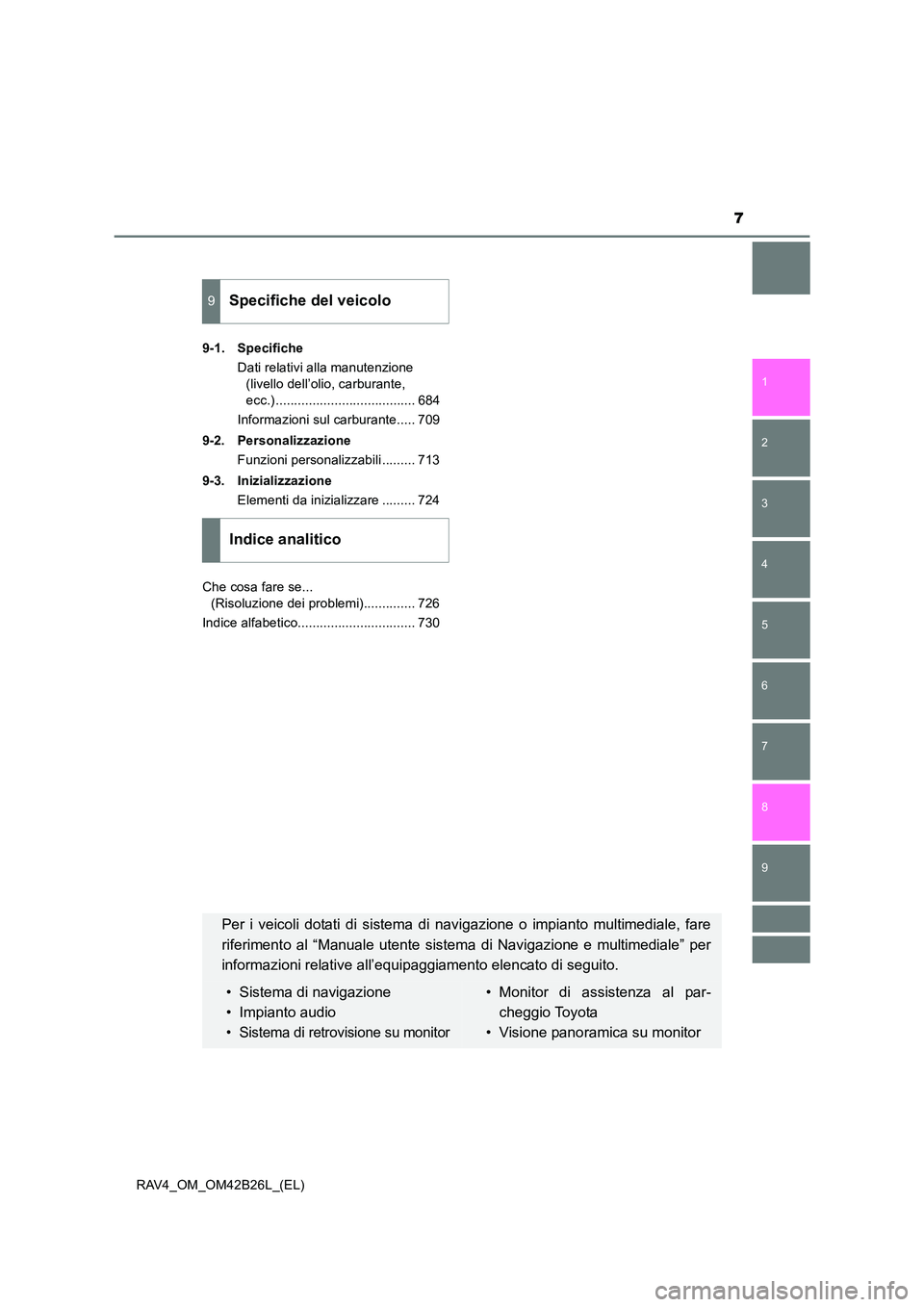 TOYOTA RAV4 2016  Manuale duso (in Italian) 9 8
7
1
7 6
5
4
3
2
RAV4_OM_OM42B26L_(EL)9-1. Specifiche
Dati relativi alla manutenzione (livello dell’olio, carburante, 
ecc.) ...................................... 684
Informazioni sul carburante