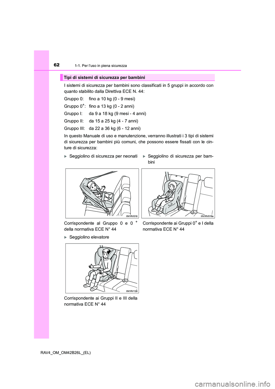 TOYOTA RAV4 2016 Manuale duso (in Italian) 621-1. Per l’uso in piena sicurezza
RAV4_OM_OM42B26L_(EL)
I sistemi di sicurezza per bambini sono classificati in 5 gruppi in accordo con
quanto stabilito dalla Direttiva ECE N. 44:
Gruppo 0: fino a TOYOTA RAV4 2016 Manuale duso (in Italian) 621-1. Per l’uso in piena sicurezza
RAV4_OM_OM42B26L_(EL)
I sistemi di sicurezza per bambini sono classificati in 5 gruppi in accordo con
quanto stabilito dalla Direttiva ECE N. 44:
Gruppo 0: fino a
