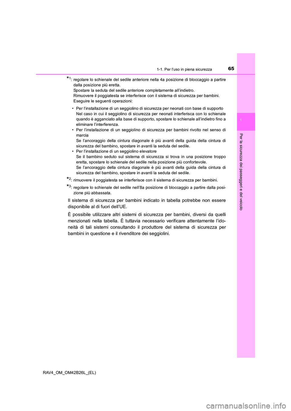 TOYOTA RAV4 2016 Manuale duso (in Italian) 651-1. Per l’uso in piena sicurezza
1
RAV4_OM_OM42B26L_(EL)
Per la sicurezza dei passeggeri e del veicolo
*1: regolare lo schienale del sedile anteriore nella 4a posizione di bloccaggio a partiredal TOYOTA RAV4 2016 Manuale duso (in Italian) 651-1. Per l’uso in piena sicurezza
1
RAV4_OM_OM42B26L_(EL)
Per la sicurezza dei passeggeri e del veicolo
*1: regolare lo schienale del sedile anteriore nella 4a posizione di bloccaggio a partiredal