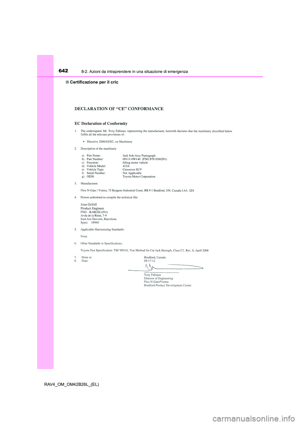 TOYOTA RAV4 2016 Manuale duso (in Italian) 6428-2. Azioni da intraprendere in una situazione di emergenza
RAV4_OM_OM42B26L_(EL)■
Certificazione per il cric TOYOTA RAV4 2016 Manuale duso (in Italian) 6428-2. Azioni da intraprendere in una situazione di emergenza
RAV4_OM_OM42B26L_(EL)■
Certificazione per il cric