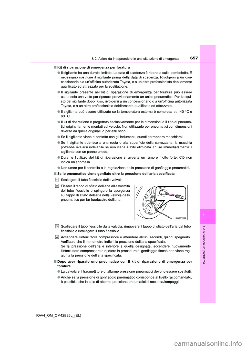 TOYOTA RAV4 2016 Manuale duso (in Italian) 6578-2. Azioni da intraprendere in una situazione di emergenza
8
Se si verifica un problema
RAV4_OM_OM42B26L_(EL)■
Kit di riparazione di emergenza per foratura
●Il sigillante ha una durata limitat TOYOTA RAV4 2016 Manuale duso (in Italian) 6578-2. Azioni da intraprendere in una situazione di emergenza
8
Se si verifica un problema
RAV4_OM_OM42B26L_(EL)■
Kit di riparazione di emergenza per foratura
●Il sigillante ha una durata limitat