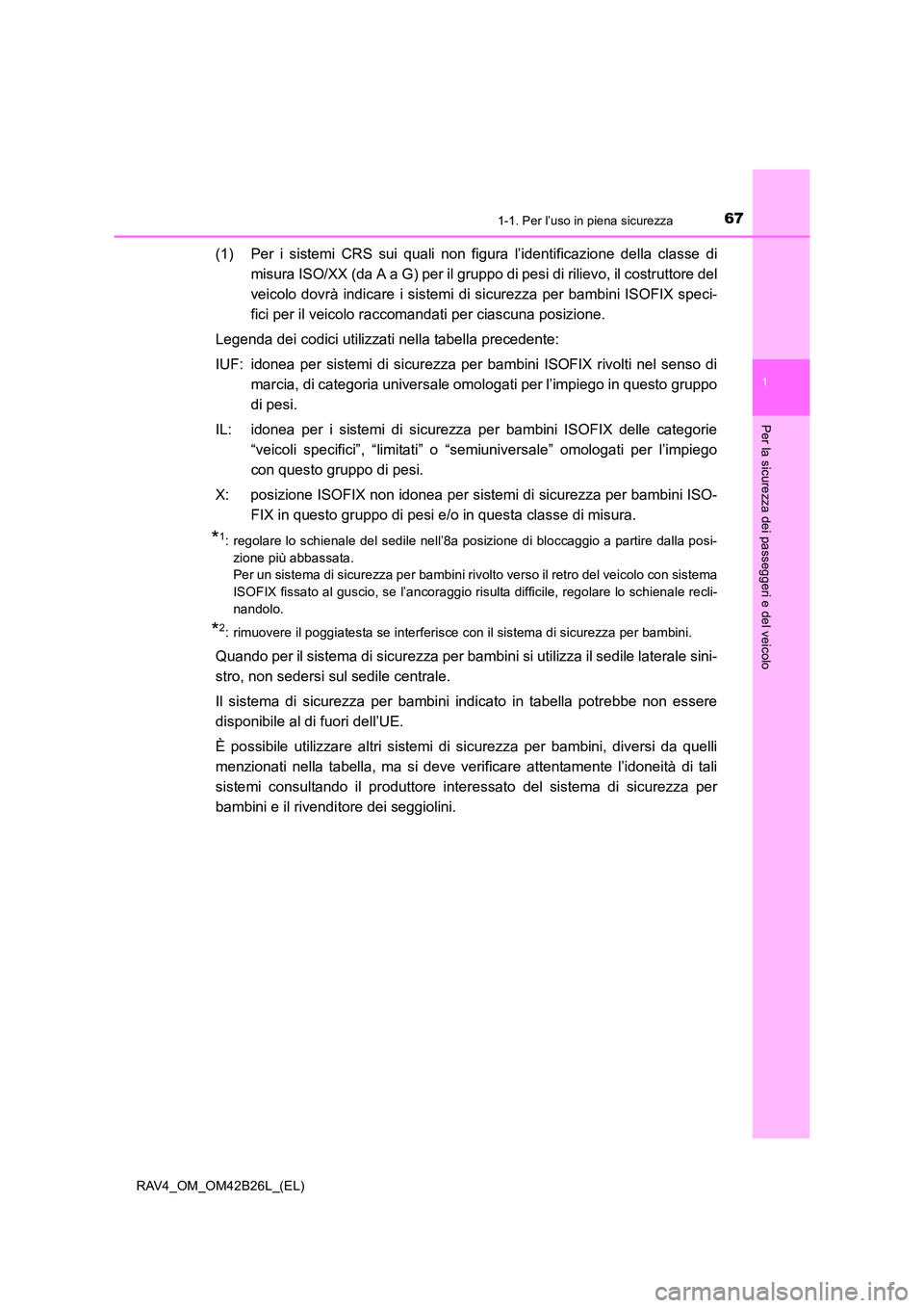 TOYOTA RAV4 2016 Manuale duso (in Italian) 671-1. Per l’uso in piena sicurezza
1
RAV4_OM_OM42B26L_(EL)
Per la sicurezza dei passeggeri e del veicolo
(1) Per i sistemi CRS sui quali non figura l’identificazione della classe dimisura ISO/XX TOYOTA RAV4 2016 Manuale duso (in Italian) 671-1. Per l’uso in piena sicurezza
1
RAV4_OM_OM42B26L_(EL)
Per la sicurezza dei passeggeri e del veicolo
(1) Per i sistemi CRS sui quali non figura l’identificazione della classe dimisura ISO/XX