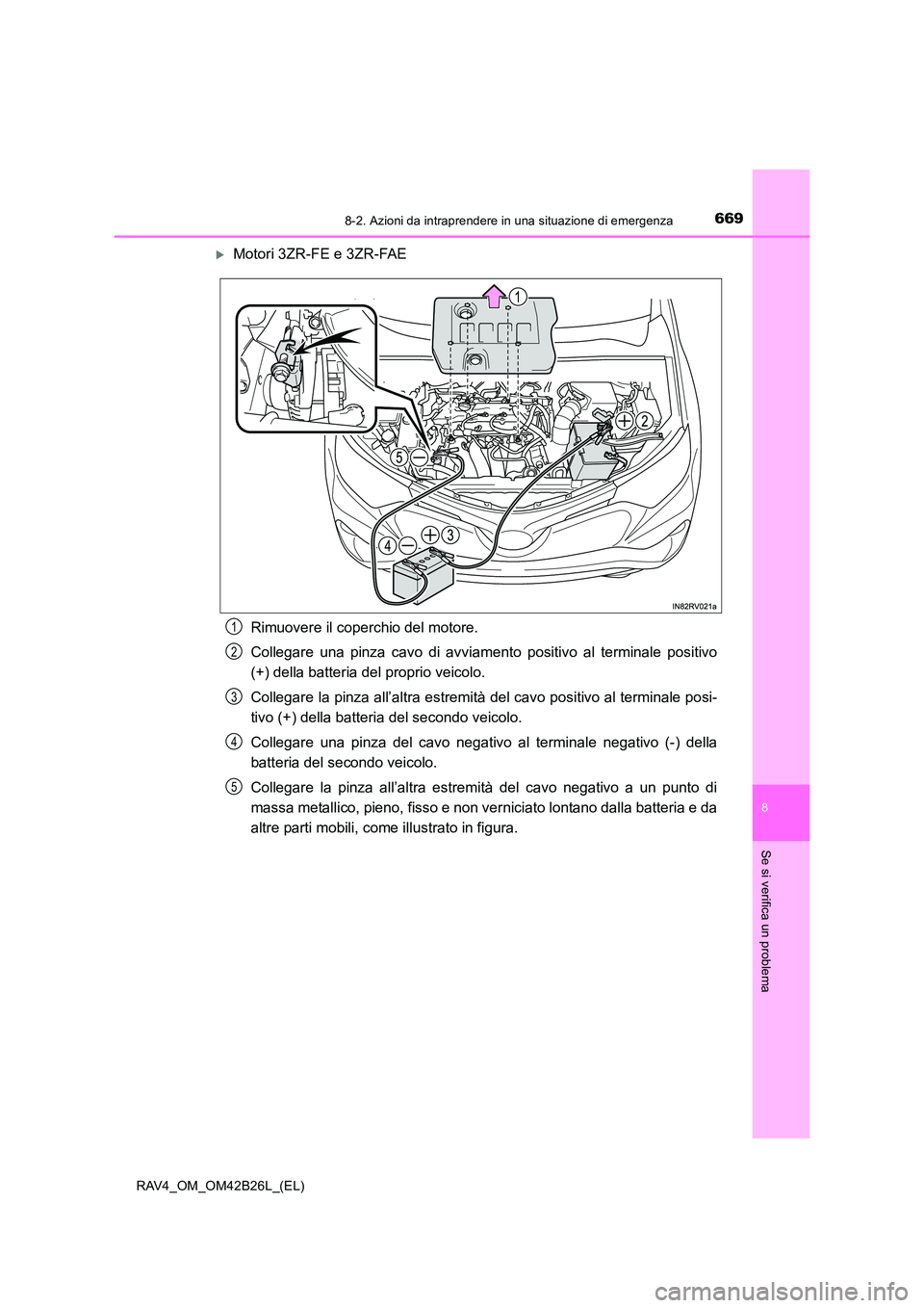 TOYOTA RAV4 2016  Manuale duso (in Italian) 6698-2. Azioni da intraprendere in una situazione di emergenza
8
Se si verifica un problema
RAV4_OM_OM42B26L_(EL)
�XMotori 3ZR-FE e 3ZR-FAERimuovere il coperchio del motore.
Collegare una pinza cavo d