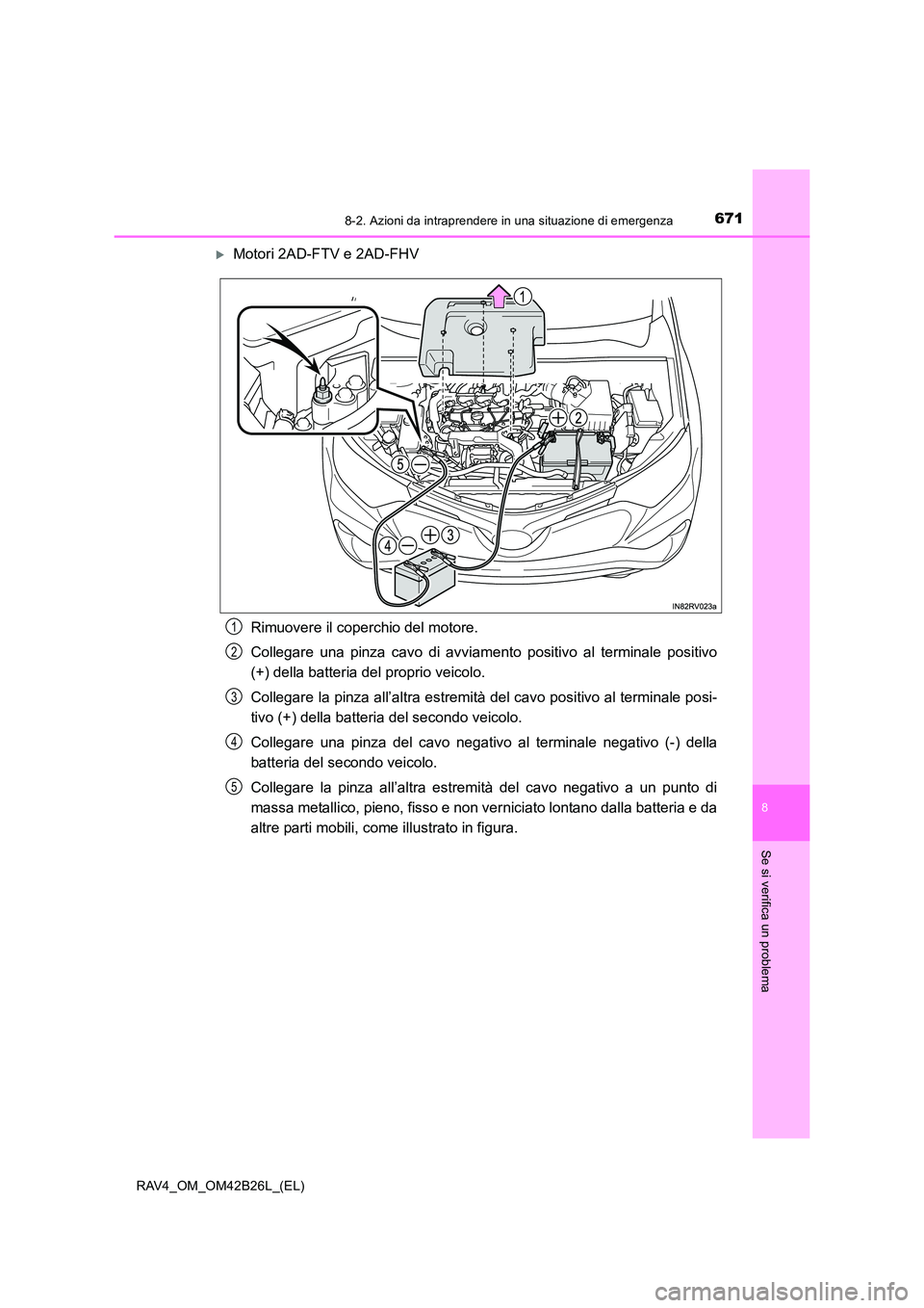 TOYOTA RAV4 2016  Manuale duso (in Italian) 6718-2. Azioni da intraprendere in una situazione di emergenza
8
Se si verifica un problema
RAV4_OM_OM42B26L_(EL)
�XMotori 2AD-FTV e 2AD-FHVRimuovere il coperchio del motore.
Collegare una pinza cavo 