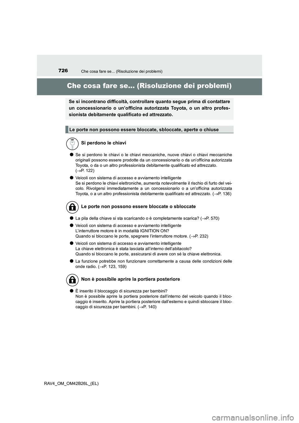 TOYOTA RAV4 2016 Manuale duso (in Italian) 726Che cosa fare se... (Risoluzione dei problemi)
RAV4_OM_OM42B26L_(EL)
Che cosa fare se... (Risoluzione dei problemi)
●Se si perdono le chiavi o le chiavi meccaniche, nuove chiavi o chiavi meccanic TOYOTA RAV4 2016 Manuale duso (in Italian) 726Che cosa fare se... (Risoluzione dei problemi)
RAV4_OM_OM42B26L_(EL)
Che cosa fare se... (Risoluzione dei problemi)
●Se si perdono le chiavi o le chiavi meccaniche, nuove chiavi o chiavi meccanic