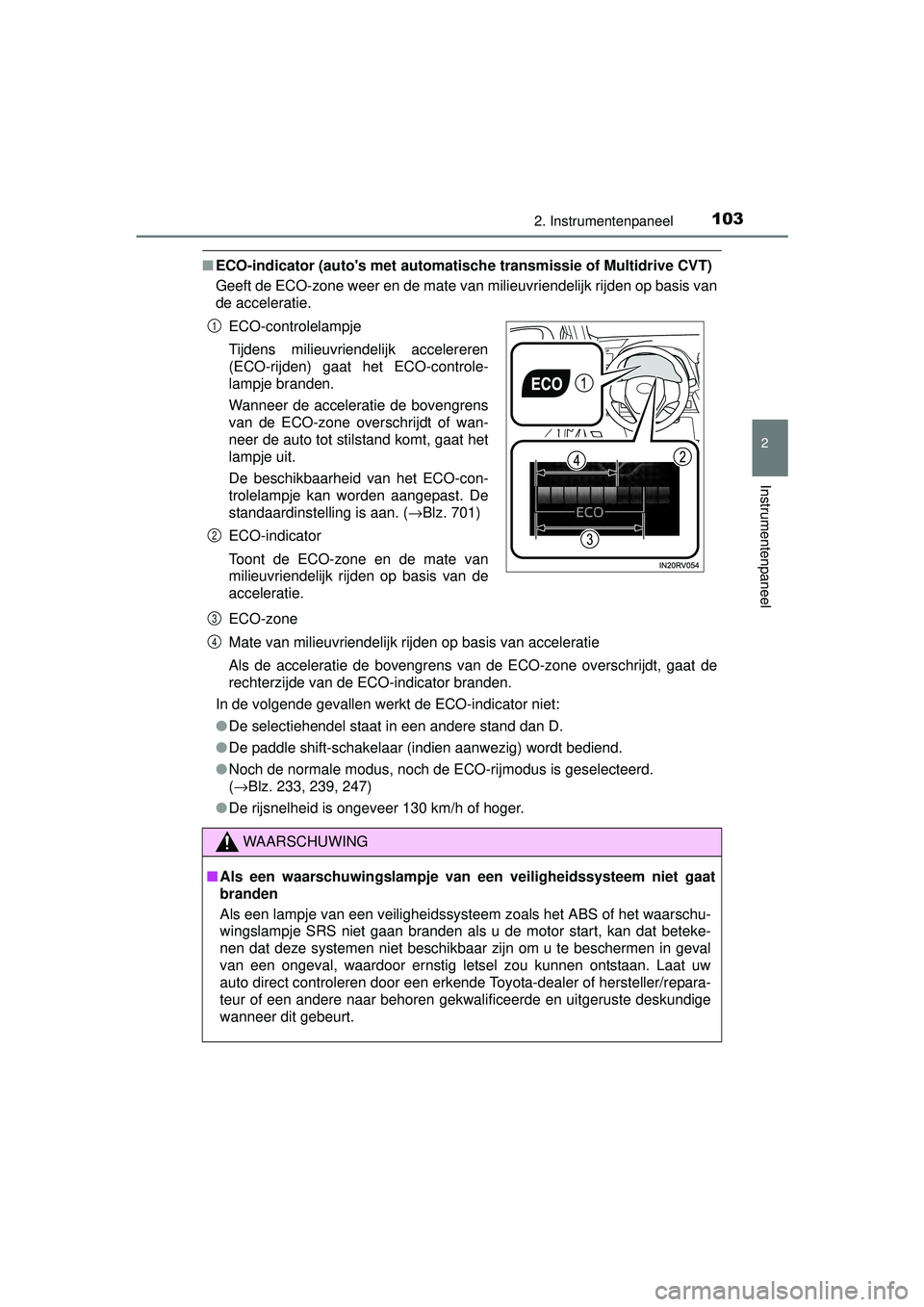 TOYOTA RAV4 2016 Instructieboekje (in Dutch) 1032. Instrumentenpaneel
2
Instrumentenpaneel
RAV4_OM_OM42A45E_(EE)
■ECO-indicator (autos met automati sche transmissie of Multidrive CVT)
Geeft de ECO-zone weer en de mate van milieuvriendelijk ri TOYOTA RAV4 2016 Instructieboekje (in Dutch) 1032. Instrumentenpaneel
2
Instrumentenpaneel
RAV4_OM_OM42A45E_(EE)
■ECO-indicator (autos met automati sche transmissie of Multidrive CVT)
Geeft de ECO-zone weer en de mate van milieuvriendelijk ri
