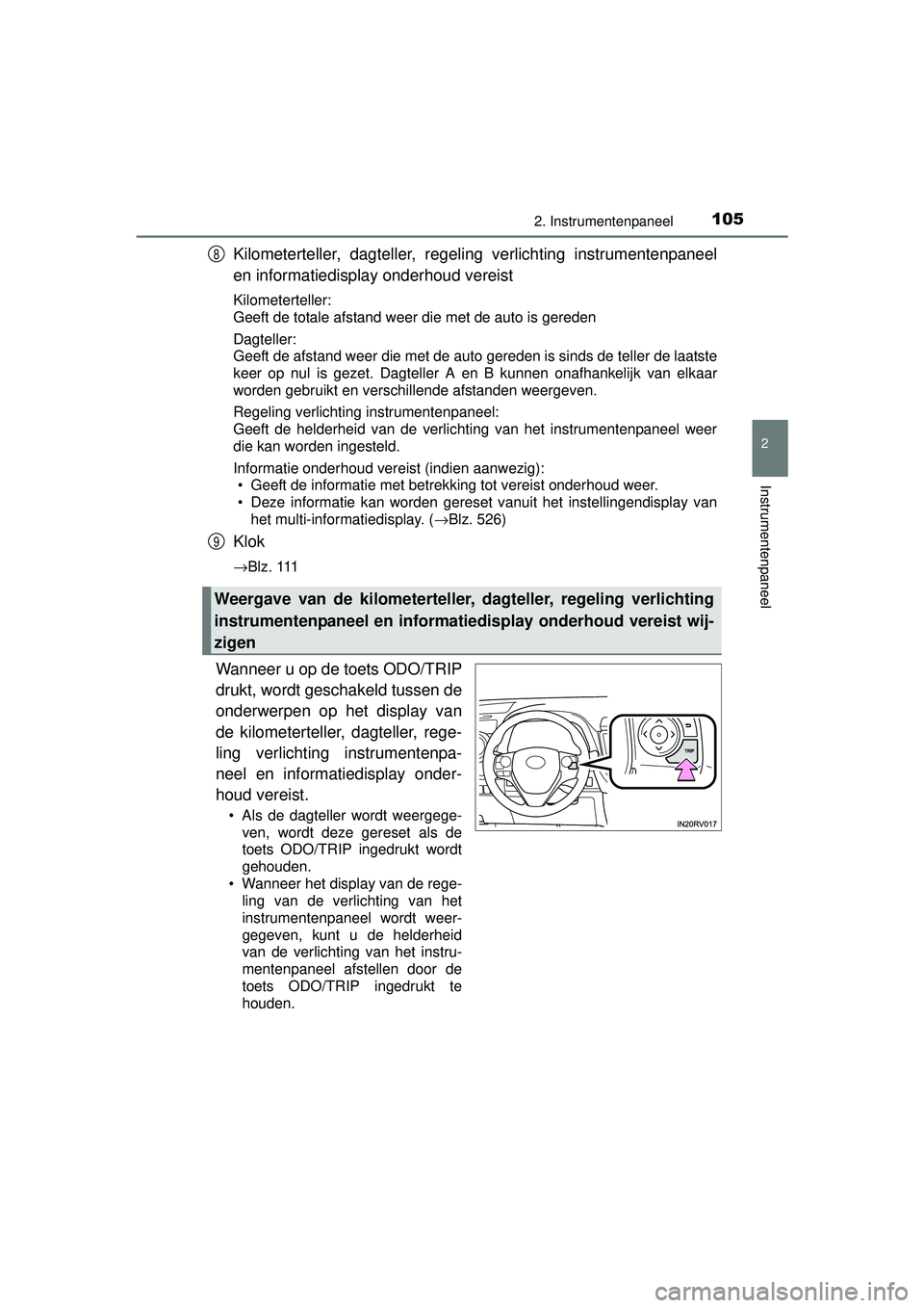 TOYOTA RAV4 2016 Instructieboekje (in Dutch) 1052. Instrumentenpaneel
2
Instrumentenpaneel
RAV4_OM_OM42A45E_(EE)
Kilometerteller, dagteller, regeling verlichting instrumentenpaneel
en informatiedisplay onderhoud vereist
Kilometerteller:
Geeft de TOYOTA RAV4 2016 Instructieboekje (in Dutch) 1052. Instrumentenpaneel
2
Instrumentenpaneel
RAV4_OM_OM42A45E_(EE)
Kilometerteller, dagteller, regeling verlichting instrumentenpaneel
en informatiedisplay onderhoud vereist
Kilometerteller:
Geeft de