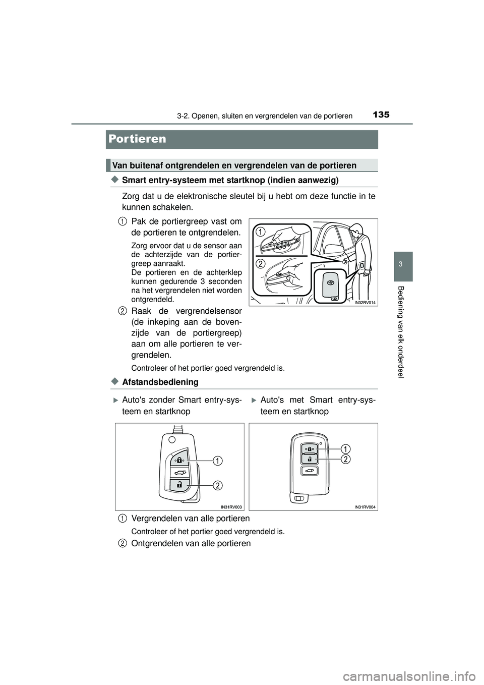 TOYOTA RAV4 2016 Instructieboekje (in Dutch) 135
3
3-2. Openen, sluiten en vergrendelen van de portieren
Bediening van elk onderdeel
RAV4_OM_OM42A45E_(EE)
Por tieren
◆Smart entry-systeem met startknop (indien aanwezig)
Zorg dat u de elektronis TOYOTA RAV4 2016 Instructieboekje (in Dutch) 135
3
3-2. Openen, sluiten en vergrendelen van de portieren
Bediening van elk onderdeel
RAV4_OM_OM42A45E_(EE)
Por tieren
◆Smart entry-systeem met startknop (indien aanwezig)
Zorg dat u de elektronis