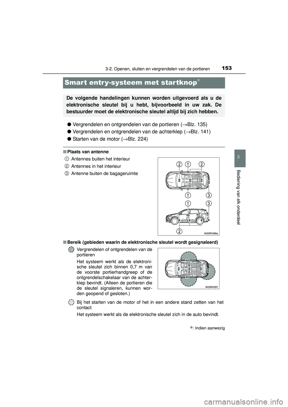 TOYOTA RAV4 2016 Instructieboekje (in Dutch) 153
3
3-2. Openen, sluiten en vergrendelen van de portieren
Bediening van elk onderdeel
RAV4_OM_OM42A45E_(EE)
Smart entr y-systeem met startknop∗
●Vergrendelen en ontgrendelen van de portieren ( TOYOTA RAV4 2016 Instructieboekje (in Dutch) 153
3
3-2. Openen, sluiten en vergrendelen van de portieren
Bediening van elk onderdeel
RAV4_OM_OM42A45E_(EE)
Smart entr y-systeem met startknop∗
●Vergrendelen en ontgrendelen van de portieren (