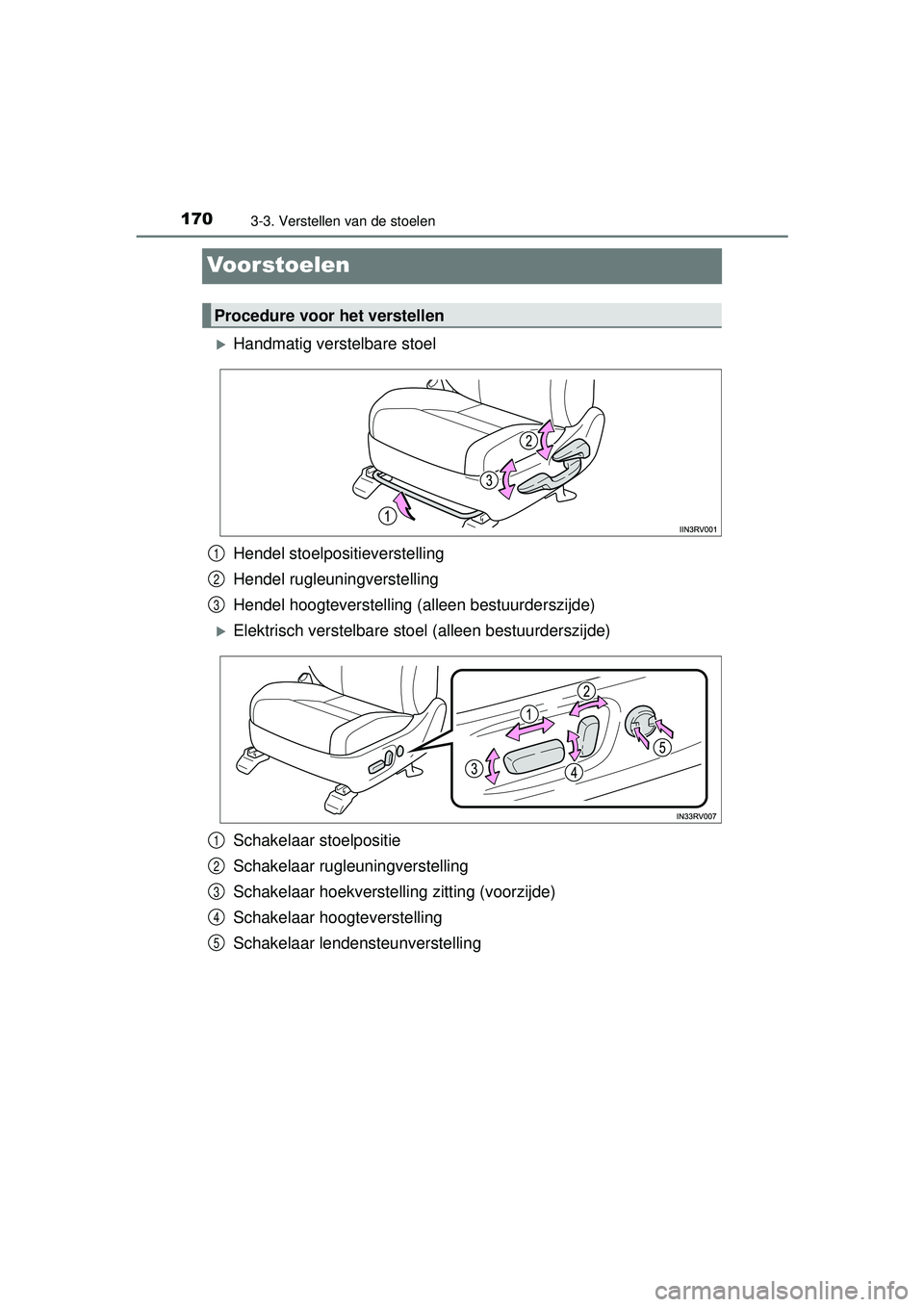 TOYOTA RAV4 2016  Instructieboekje (in Dutch) 1703-3. Verstellen van de stoelen
RAV4_OM_OM42A45E_(EE)
Voorstoelen
Handmatig verstelbare stoel
Hendel stoelpositieverstelling
Hendel rugleuningverstelling
Hendel hoogteverstelling (alleen bestuurd