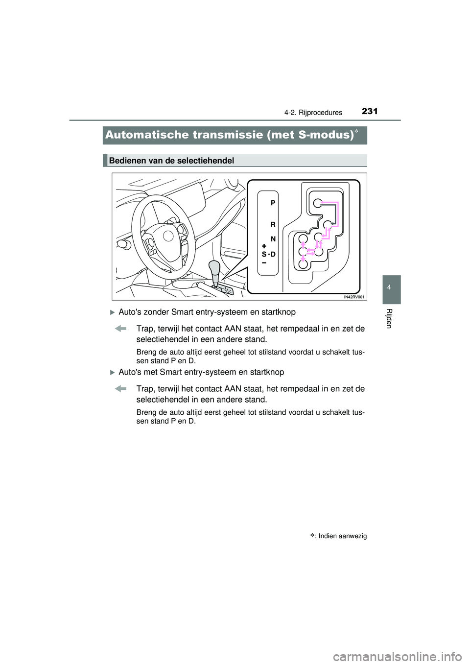 TOYOTA RAV4 2016 Instructieboekje (in Dutch) 231
4
4-2. Rijprocedures
Rijden
RAV4_OM_OM42A45E_(EE)
Automatische transmissie (met S-modus)∗
Autos zonder Smart entry-systeem en startknop
Trap, terwijl het contact AAN staat, het rempedaal in TOYOTA RAV4 2016 Instructieboekje (in Dutch) 231
4
4-2. Rijprocedures
Rijden
RAV4_OM_OM42A45E_(EE)
Automatische transmissie (met S-modus)∗
Autos zonder Smart entry-systeem en startknop
Trap, terwijl het contact AAN staat, het rempedaal in