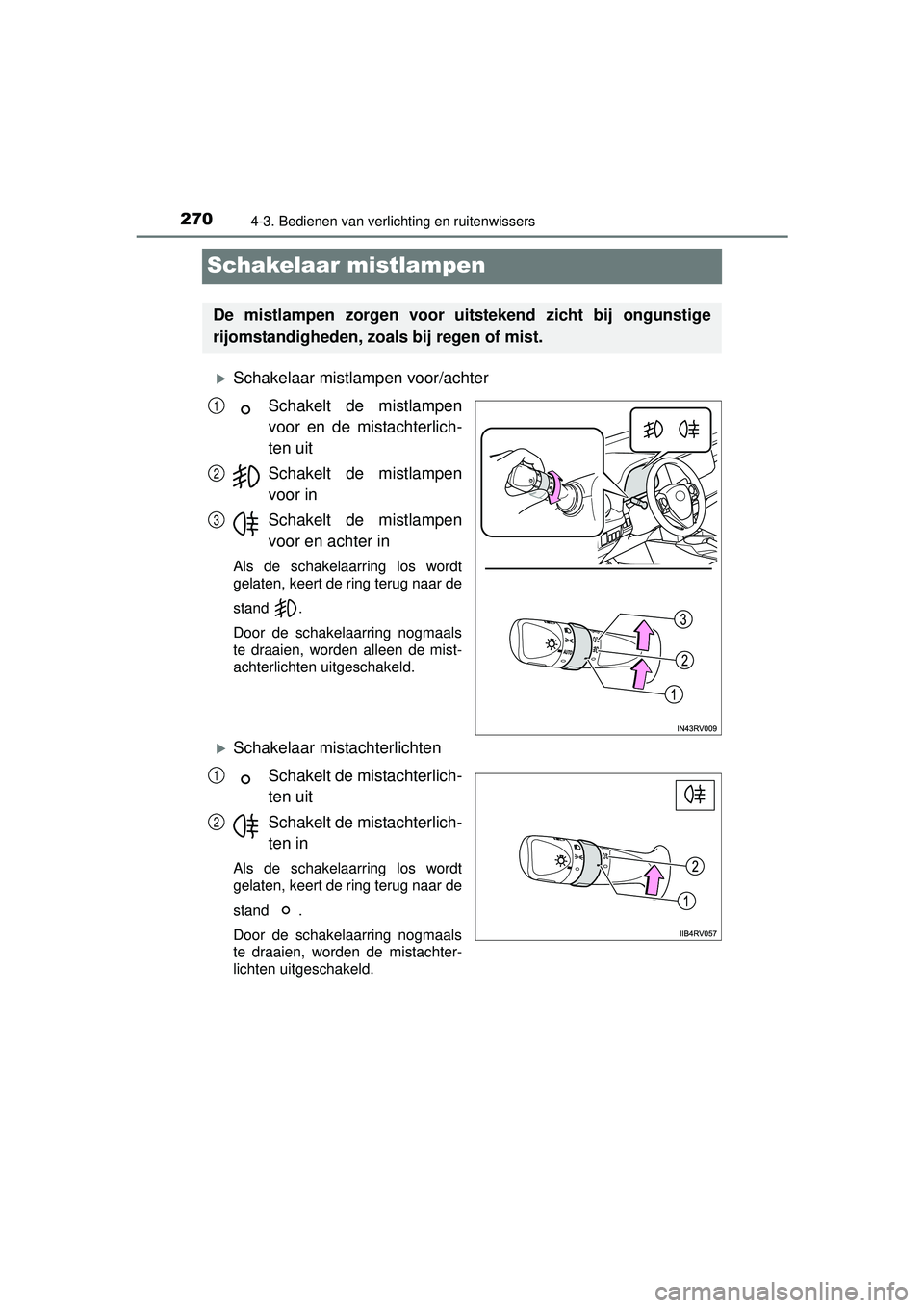 TOYOTA RAV4 2016 Instructieboekje (in Dutch) 2704-3. Bedienen van verlichting en ruitenwissers
RAV4_OM_OM42A45E_(EE)
Schakelaar mistlampen
Schakelaar mistlampen voor/achterSchakelt de mistlampen
voor en de mistachterlich-
ten uit
Schakelt de TOYOTA RAV4 2016 Instructieboekje (in Dutch) 2704-3. Bedienen van verlichting en ruitenwissers
RAV4_OM_OM42A45E_(EE)
Schakelaar mistlampen
Schakelaar mistlampen voor/achterSchakelt de mistlampen
voor en de mistachterlich-
ten uit
Schakelt de