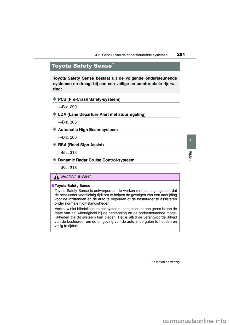 TOYOTA RAV4 2016 Instructieboekje (in Dutch) 281
4
4-5. Gebruik van de ondersteunende systemen
Rijden
RAV4_OM_OM42A45E_(EE)
Toyota Safety Sense∗
◆PCS (Pre-Crash Safety-systeem)
→Blz. 290
◆LDA (Lane Departure Alert met stuurregeling)
→B TOYOTA RAV4 2016 Instructieboekje (in Dutch) 281
4
4-5. Gebruik van de ondersteunende systemen
Rijden
RAV4_OM_OM42A45E_(EE)
Toyota Safety Sense∗
◆PCS (Pre-Crash Safety-systeem)
→Blz. 290
◆LDA (Lane Departure Alert met stuurregeling)
→B
