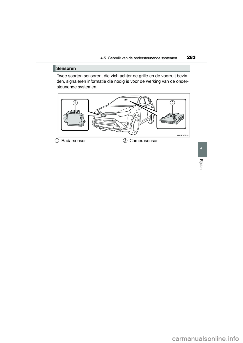 TOYOTA RAV4 2016 Instructieboekje (in Dutch) 2834-5. Gebruik van de ondersteunende systemen
4
Rijden
RAV4_OM_OM42A45E_(EE)
Twee soorten sensoren, die zich achter de gr ille en de voorruit bevin-
den, signaleren informatie die nodig is voor de we TOYOTA RAV4 2016 Instructieboekje (in Dutch) 2834-5. Gebruik van de ondersteunende systemen
4
Rijden
RAV4_OM_OM42A45E_(EE)
Twee soorten sensoren, die zich achter de gr ille en de voorruit bevin-
den, signaleren informatie die nodig is voor de we