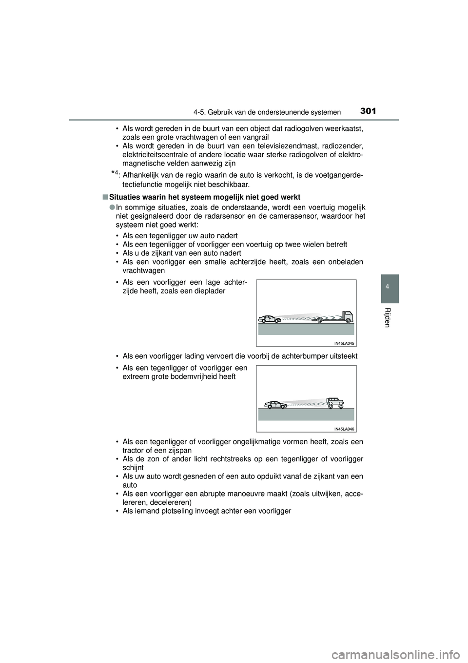 TOYOTA RAV4 2016 Instructieboekje (in Dutch) 3014-5. Gebruik van de ondersteunende systemen
4
Rijden
RAV4_OM_OM42A45E_(EE)• Als wordt gereden in de buurt van een object dat radiogolven weerkaatst,
zoals een grote vrachtwagen of een vangrail
TOYOTA RAV4 2016 Instructieboekje (in Dutch) 3014-5. Gebruik van de ondersteunende systemen
4
Rijden
RAV4_OM_OM42A45E_(EE)• Als wordt gereden in de buurt van een object dat radiogolven weerkaatst,
zoals een grote vrachtwagen of een vangrail