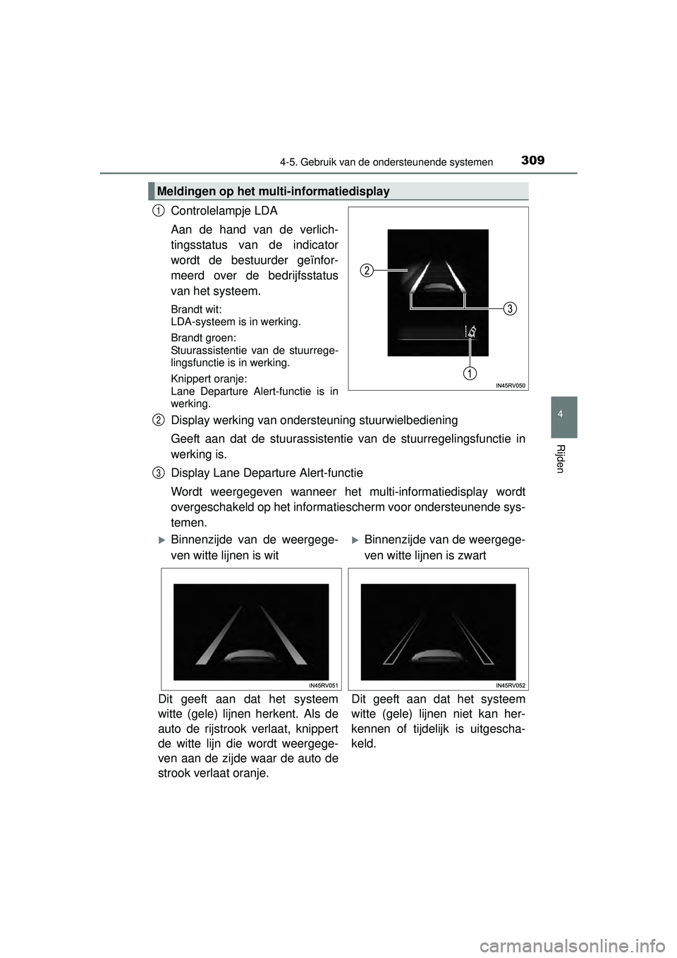 TOYOTA RAV4 2016 Instructieboekje (in Dutch) 3094-5. Gebruik van de ondersteunende systemen
4
Rijden
RAV4_OM_OM42A45E_(EE)
Controlelampje LDA
Aan de hand van de verlich-
tingsstatus van de indicator
wordt de bestuurder geïnfor-
meerd over de be TOYOTA RAV4 2016 Instructieboekje (in Dutch) 3094-5. Gebruik van de ondersteunende systemen
4
Rijden
RAV4_OM_OM42A45E_(EE)
Controlelampje LDA
Aan de hand van de verlich-
tingsstatus van de indicator
wordt de bestuurder geïnfor-
meerd over de be
