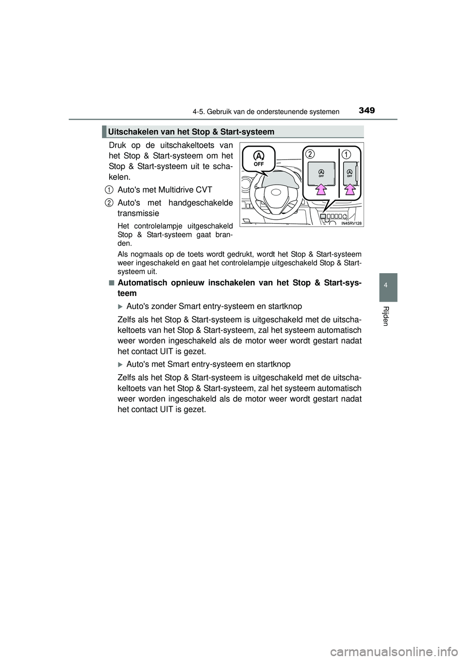 TOYOTA RAV4 2016 Instructieboekje (in Dutch) 3494-5. Gebruik van de ondersteunende systemen
4
Rijden
RAV4_OM_OM42A45E_(EE)
Druk op de uitschakeltoets van
het Stop & Start-systeem om het
Stop & Start-systeem uit te scha-
kelen.Autos met Multidri TOYOTA RAV4 2016 Instructieboekje (in Dutch) 3494-5. Gebruik van de ondersteunende systemen
4
Rijden
RAV4_OM_OM42A45E_(EE)
Druk op de uitschakeltoets van
het Stop & Start-systeem om het
Stop & Start-systeem uit te scha-
kelen.Autos met Multidri