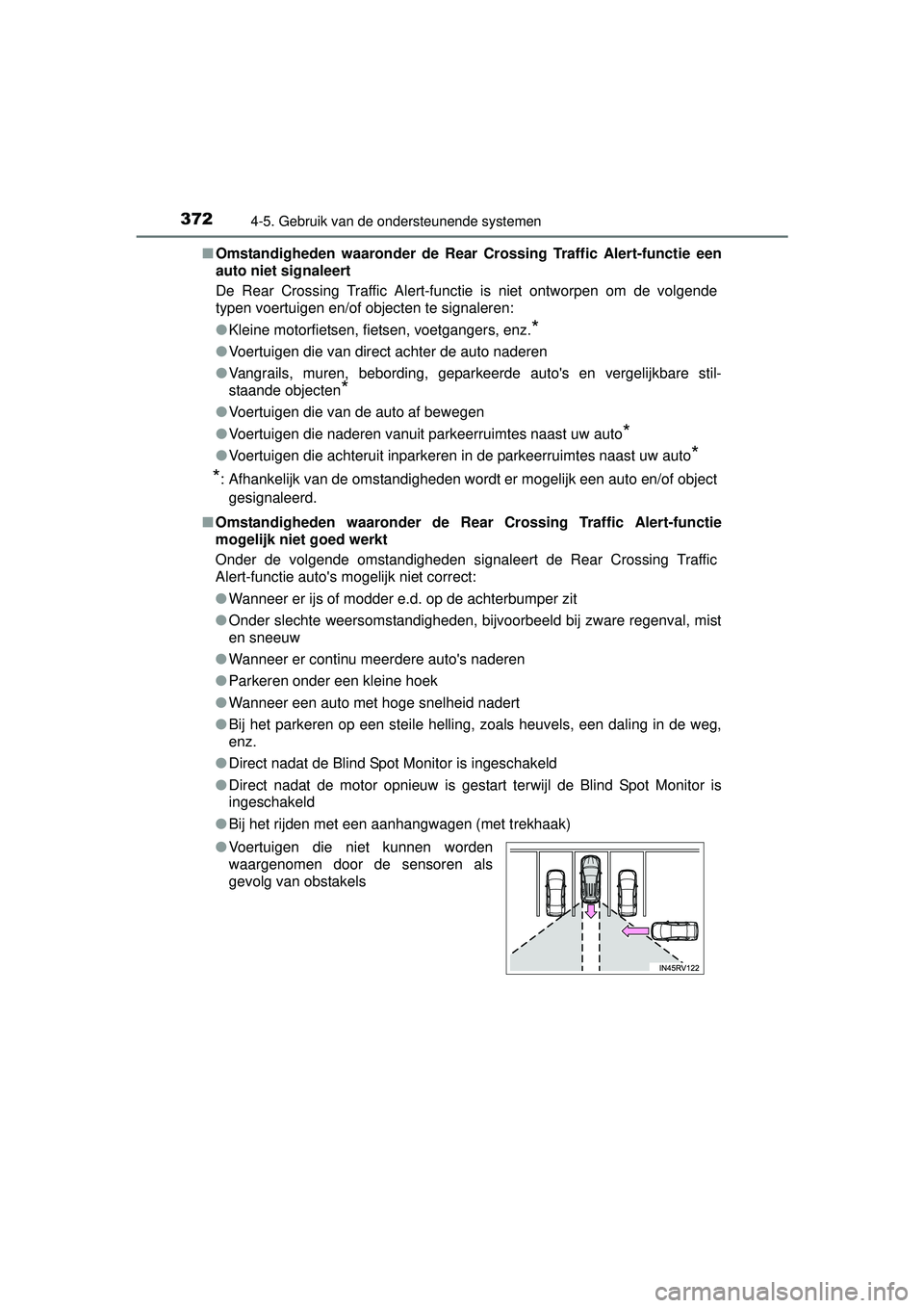TOYOTA RAV4 2016 Instructieboekje (in Dutch) 3724-5. Gebruik van de ondersteunende systemen
RAV4_OM_OM42A45E_(EE)■
Omstandigheden waaronder de Rear Crossing Traffic Alert-functie een
auto niet signaleert
De Rear Crossing Traffic Alert-functie TOYOTA RAV4 2016 Instructieboekje (in Dutch) 3724-5. Gebruik van de ondersteunende systemen
RAV4_OM_OM42A45E_(EE)■
Omstandigheden waaronder de Rear Crossing Traffic Alert-functie een
auto niet signaleert
De Rear Crossing Traffic Alert-functie