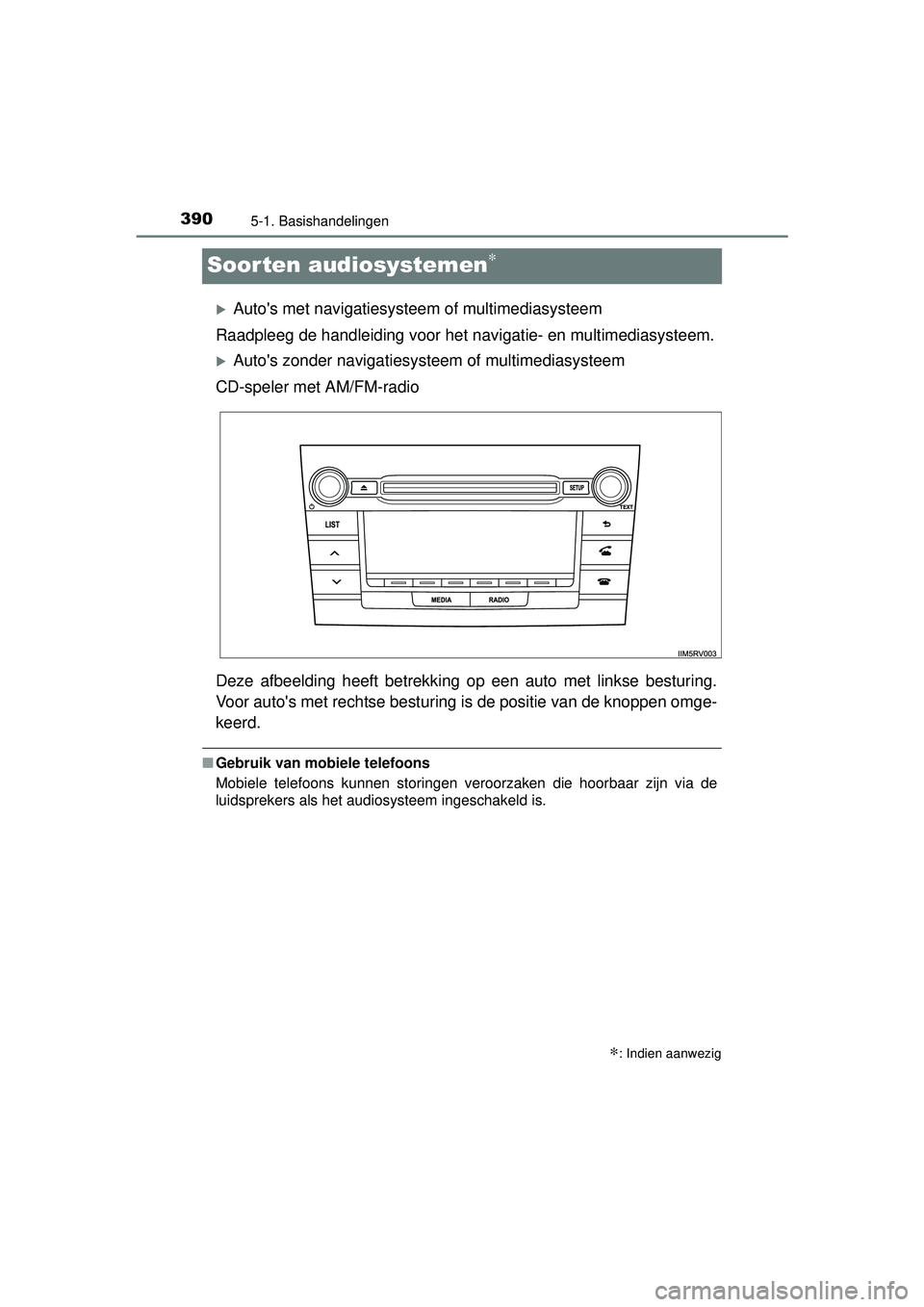 TOYOTA RAV4 2016 Instructieboekje (in Dutch) 3905-1. Basishandelingen
RAV4_OM_OM42A45E_(EE)
Soorten audiosystemen∗
Autos met navigatiesysteem of multimediasysteem
Raadpleeg de handleiding voor het navigatie- en multimediasysteem.
Auto TOYOTA RAV4 2016 Instructieboekje (in Dutch) 3905-1. Basishandelingen
RAV4_OM_OM42A45E_(EE)
Soorten audiosystemen∗
Autos met navigatiesysteem of multimediasysteem
Raadpleeg de handleiding voor het navigatie- en multimediasysteem.
Auto
