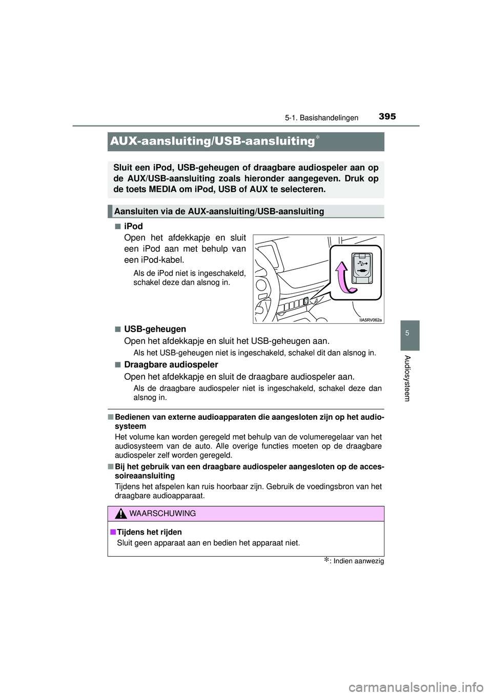 TOYOTA RAV4 2016 Instructieboekje (in Dutch) 395
5
5-1. Basishandelingen
Audiosysteem
RAV4_OM_OM42A45E_(EE)
AUX-aansluiting/USB-aansluiting∗
■iPod
Open het afdekkapje en sluit
een iPod aan met behulp van
een iPod-kabel.
Als de iPod niet is i TOYOTA RAV4 2016 Instructieboekje (in Dutch) 395
5
5-1. Basishandelingen
Audiosysteem
RAV4_OM_OM42A45E_(EE)
AUX-aansluiting/USB-aansluiting∗
■iPod
Open het afdekkapje en sluit
een iPod aan met behulp van
een iPod-kabel.
Als de iPod niet is i
