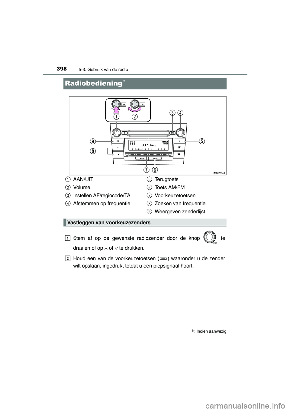 TOYOTA RAV4 2016 Instructieboekje (in Dutch) 3985-3. Gebruik van de radio
RAV4_OM_OM42A45E_(EE)
Radiobediening∗
Stem af op de gewenste radiozender door de knop te
draaien of op ∧ of ∨ te drukken.
Houd een van de voorkeuzetoetsen ( ) waa TOYOTA RAV4 2016 Instructieboekje (in Dutch) 3985-3. Gebruik van de radio
RAV4_OM_OM42A45E_(EE)
Radiobediening∗
Stem af op de gewenste radiozender door de knop te
draaien of op ∧ of ∨ te drukken.
Houd een van de voorkeuzetoetsen ( ) waa