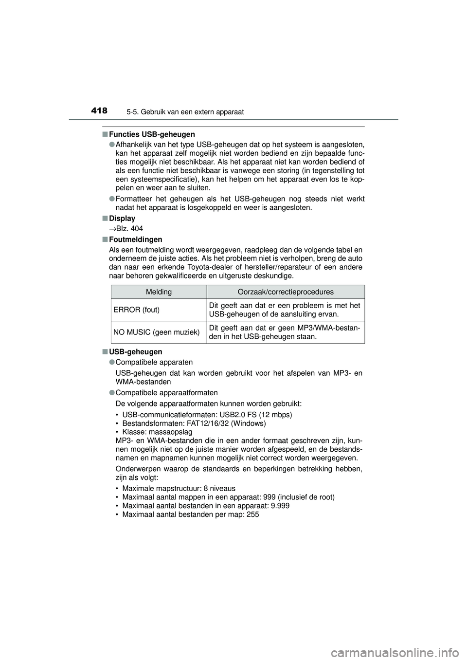 TOYOTA RAV4 2016 Instructieboekje (in Dutch) 4185-5. Gebruik van een extern apparaat
RAV4_OM_OM42A45E_(EE)
■Functies USB-geheugen
●Afhankelijk van het type USB-geheugen dat op het systeem is aangesloten,
kan het apparaat zelf mogelijk niet w TOYOTA RAV4 2016 Instructieboekje (in Dutch) 4185-5. Gebruik van een extern apparaat
RAV4_OM_OM42A45E_(EE)
■Functies USB-geheugen
●Afhankelijk van het type USB-geheugen dat op het systeem is aangesloten,
kan het apparaat zelf mogelijk niet w