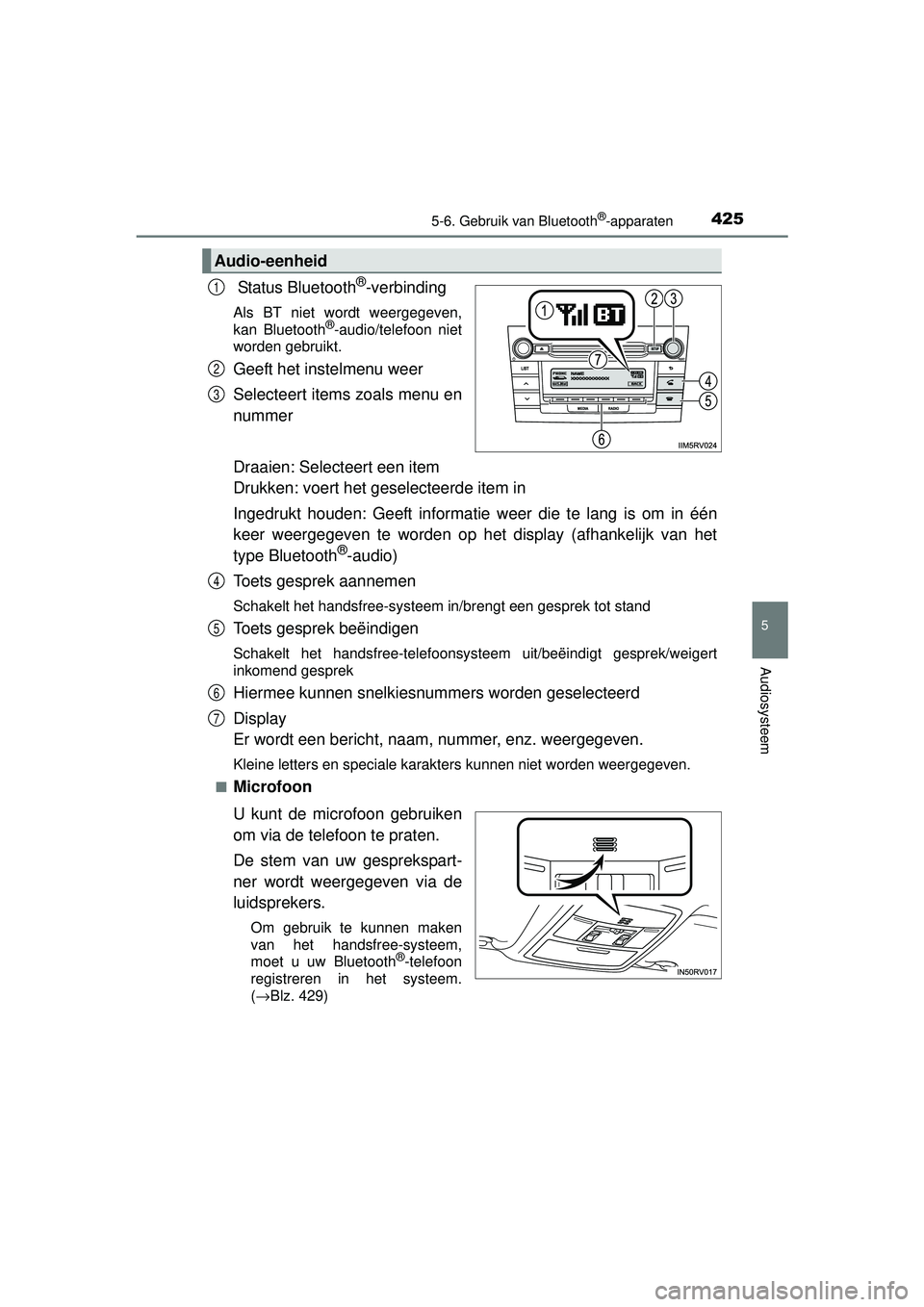 TOYOTA RAV4 2016 Instructieboekje (in Dutch) 4255-6. Gebruik van Bluetooth®-apparaten
5
Audiosysteem
RAV4_OM_OM42A45E_(EE)
Status Bluetooth®-verbinding
Als BT niet wordt weergegeven,
kan Bluetooth®-audio/telefoon niet
worden gebruikt.
Geeft TOYOTA RAV4 2016 Instructieboekje (in Dutch) 4255-6. Gebruik van Bluetooth®-apparaten
5
Audiosysteem
RAV4_OM_OM42A45E_(EE)
Status Bluetooth®-verbinding
Als BT niet wordt weergegeven,
kan Bluetooth®-audio/telefoon niet
worden gebruikt.
Geeft