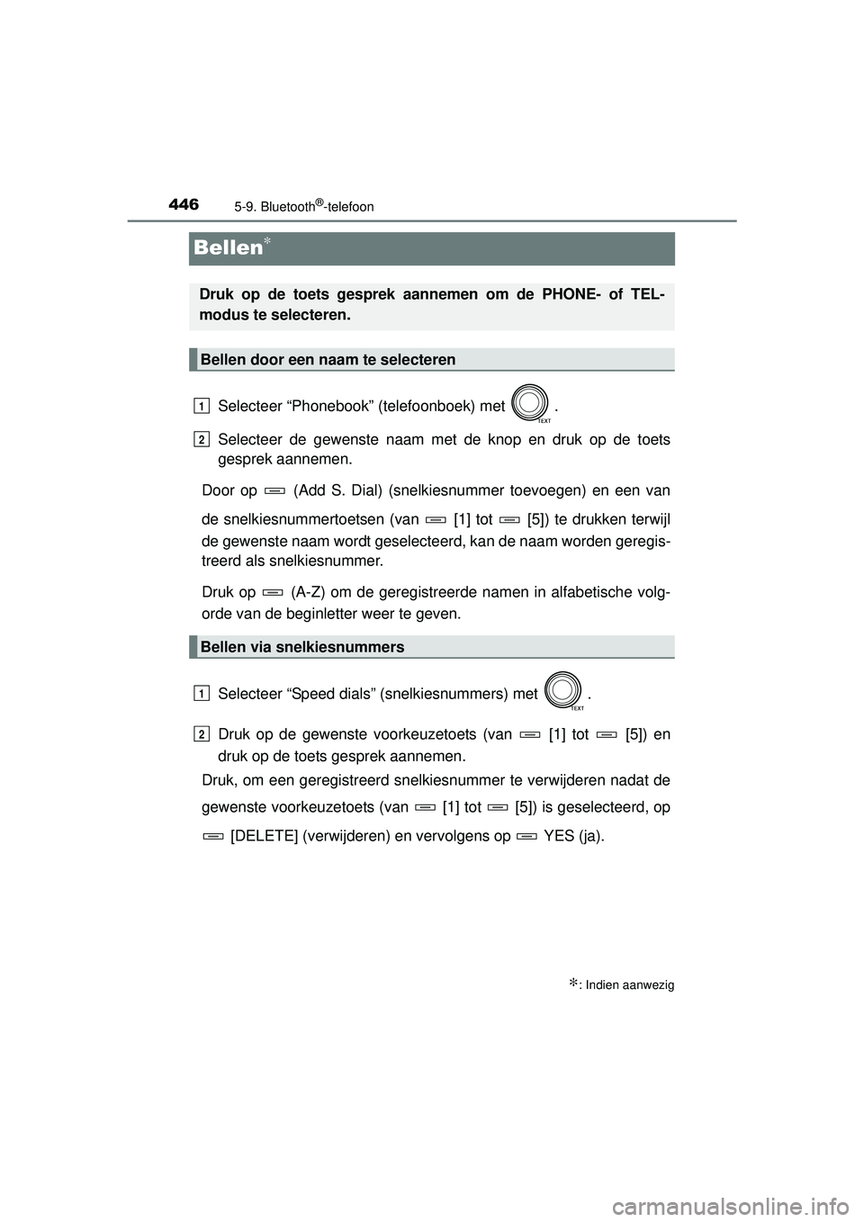 TOYOTA RAV4 2016 Instructieboekje (in Dutch) 4465-9. Bluetooth®-telefoon
RAV4_OM_OM42A45E_(EE)
Bellen∗
Selecteer “Phonebook” (telefoonboek) met .
Selecteer de gewenste naam met de knop en druk op de toets
gesprek aannemen.
Door op (Add TOYOTA RAV4 2016 Instructieboekje (in Dutch) 4465-9. Bluetooth®-telefoon
RAV4_OM_OM42A45E_(EE)
Bellen∗
Selecteer “Phonebook” (telefoonboek) met .
Selecteer de gewenste naam met de knop en druk op de toets
gesprek aannemen.
Door op (Add