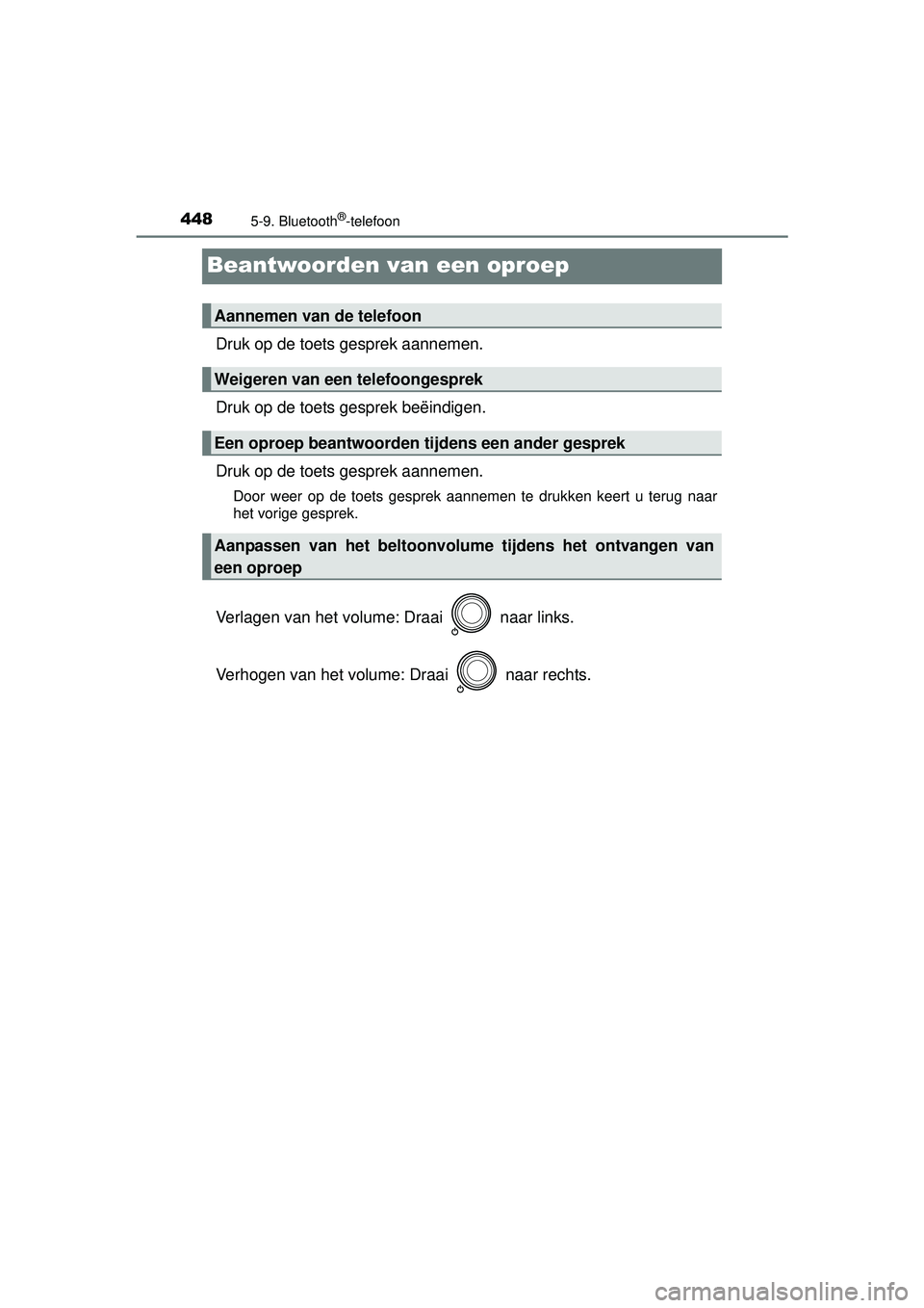 TOYOTA RAV4 2016 Instructieboekje (in Dutch) 4485-9. Bluetooth®-telefoon
RAV4_OM_OM42A45E_(EE)
Beantwoorden van een oproep
Druk op de toets gesprek aannemen.
Druk op de toets gesprek beëindigen.
Druk op de toets gesprek aannemen.
Door weer op TOYOTA RAV4 2016 Instructieboekje (in Dutch) 4485-9. Bluetooth®-telefoon
RAV4_OM_OM42A45E_(EE)
Beantwoorden van een oproep
Druk op de toets gesprek aannemen.
Druk op de toets gesprek beëindigen.
Druk op de toets gesprek aannemen.
Door weer op