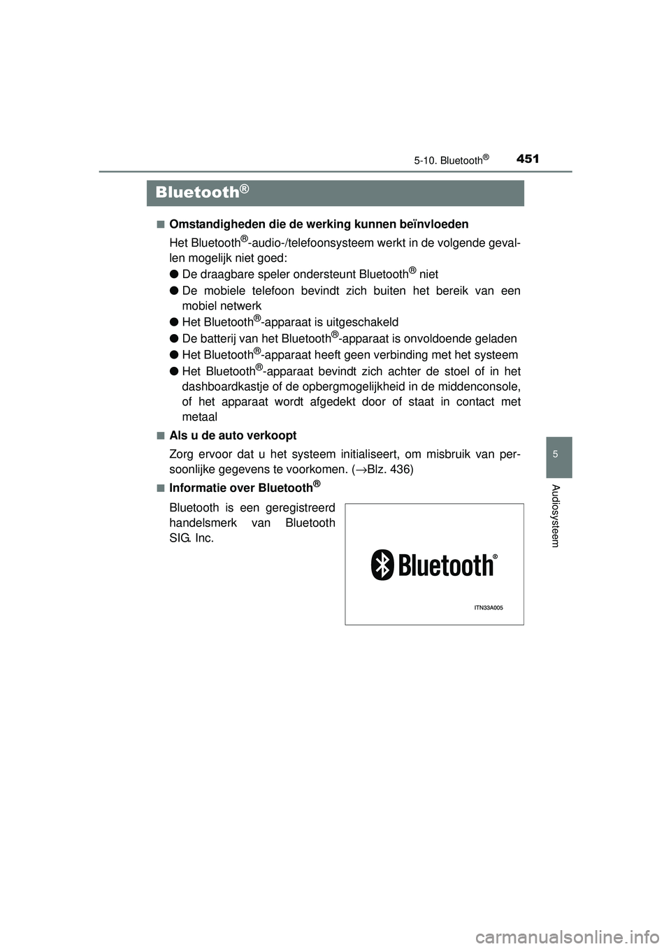 TOYOTA RAV4 2016 Instructieboekje (in Dutch) 451
5
5-10. Bluetooth®
Audiosysteem
RAV4_OM_OM42A45E_(EE)
Bluetooth®
■Omstandigheden die de werking kunnen beïnvloeden
Het Bluetooth
®-audio-/telefoonsysteem werkt in de volgende geval-
len mog TOYOTA RAV4 2016 Instructieboekje (in Dutch) 451
5
5-10. Bluetooth®
Audiosysteem
RAV4_OM_OM42A45E_(EE)
Bluetooth®
■Omstandigheden die de werking kunnen beïnvloeden
Het Bluetooth
®-audio-/telefoonsysteem werkt in de volgende geval-
len mog