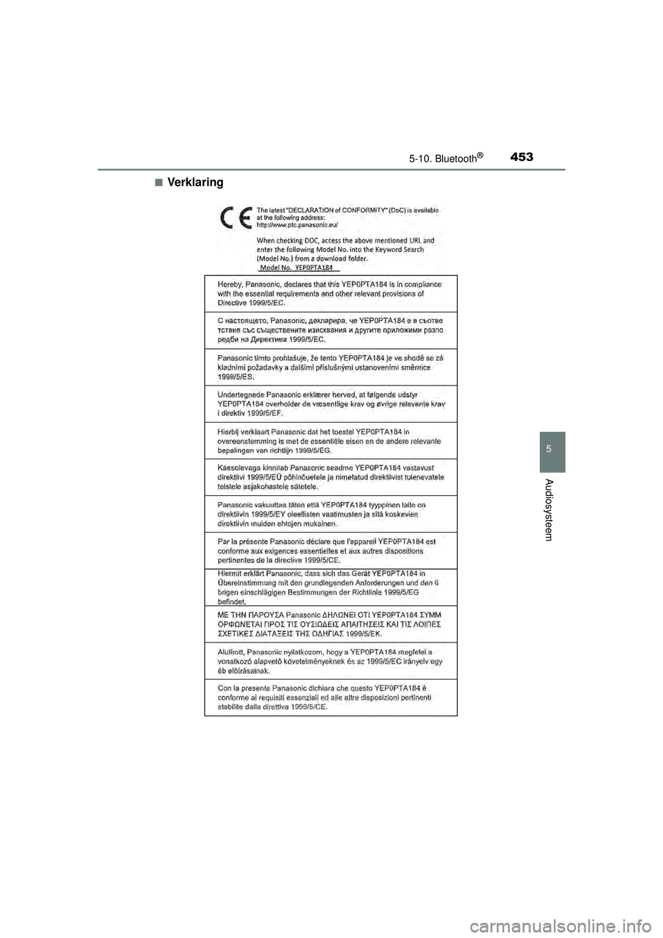 TOYOTA RAV4 2016 Instructieboekje (in Dutch) 4535-10. Bluetooth®
5
Audiosysteem
RAV4_OM_OM42A45E_(EE)■
Verklaring
RAV4_OM_OM42A45E_(EE).book Page 453
Tuesday, October 20, 2015 11:26 AM TOYOTA RAV4 2016 Instructieboekje (in Dutch) 4535-10. Bluetooth®
5
Audiosysteem
RAV4_OM_OM42A45E_(EE)■
Verklaring
RAV4_OM_OM42A45E_(EE).book Page 453
Tuesday, October 20, 2015 11:26 AM