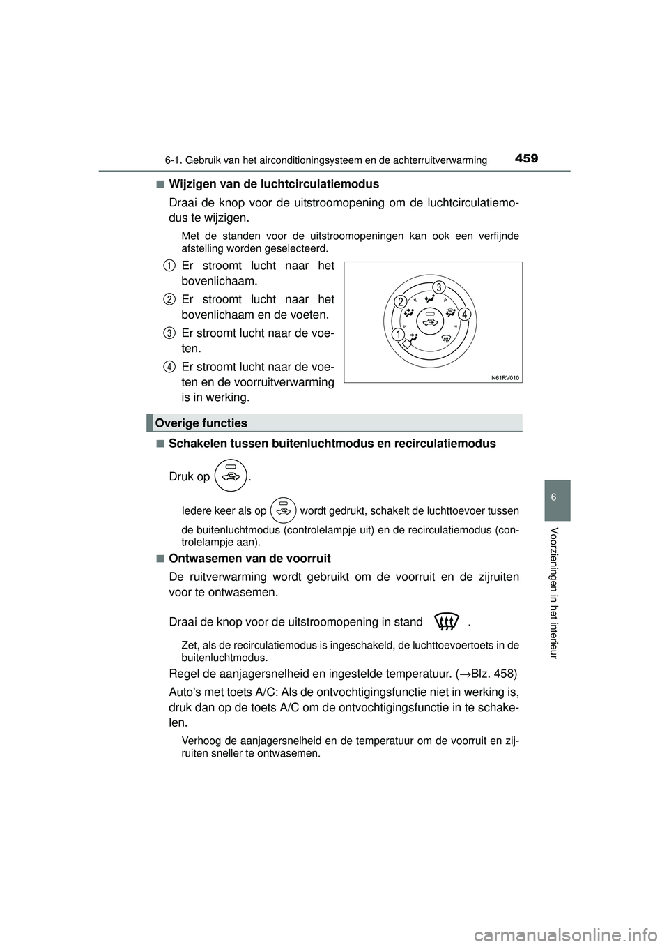 TOYOTA RAV4 2016 Instructieboekje (in Dutch) 4596-1. Gebruik van het airconditioningsysteem en de achterruitverwarming
6
Voorzieningen in het interieur
RAV4_OM_OM42A45E_(EE)■
Wijzigen van de luchtcirculatiemodus
Draai de knop voor de uitstroom TOYOTA RAV4 2016 Instructieboekje (in Dutch) 4596-1. Gebruik van het airconditioningsysteem en de achterruitverwarming
6
Voorzieningen in het interieur
RAV4_OM_OM42A45E_(EE)■
Wijzigen van de luchtcirculatiemodus
Draai de knop voor de uitstroom