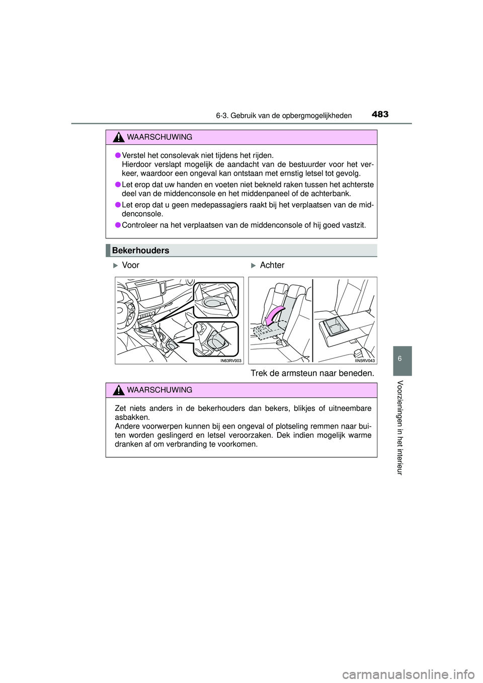 TOYOTA RAV4 2016 Instructieboekje (in Dutch) 4836-3. Gebruik van de opbergmogelijkheden
RAV4_OM_OM42A45E_(EE)
6
Voorzieningen in het interieur
WAARSCHUWING
●Verstel het consolevak niet tijdens het rijden.
Hierdoor verslapt mogelijk de aandacht TOYOTA RAV4 2016 Instructieboekje (in Dutch) 4836-3. Gebruik van de opbergmogelijkheden
RAV4_OM_OM42A45E_(EE)
6
Voorzieningen in het interieur
WAARSCHUWING
●Verstel het consolevak niet tijdens het rijden.
Hierdoor verslapt mogelijk de aandacht