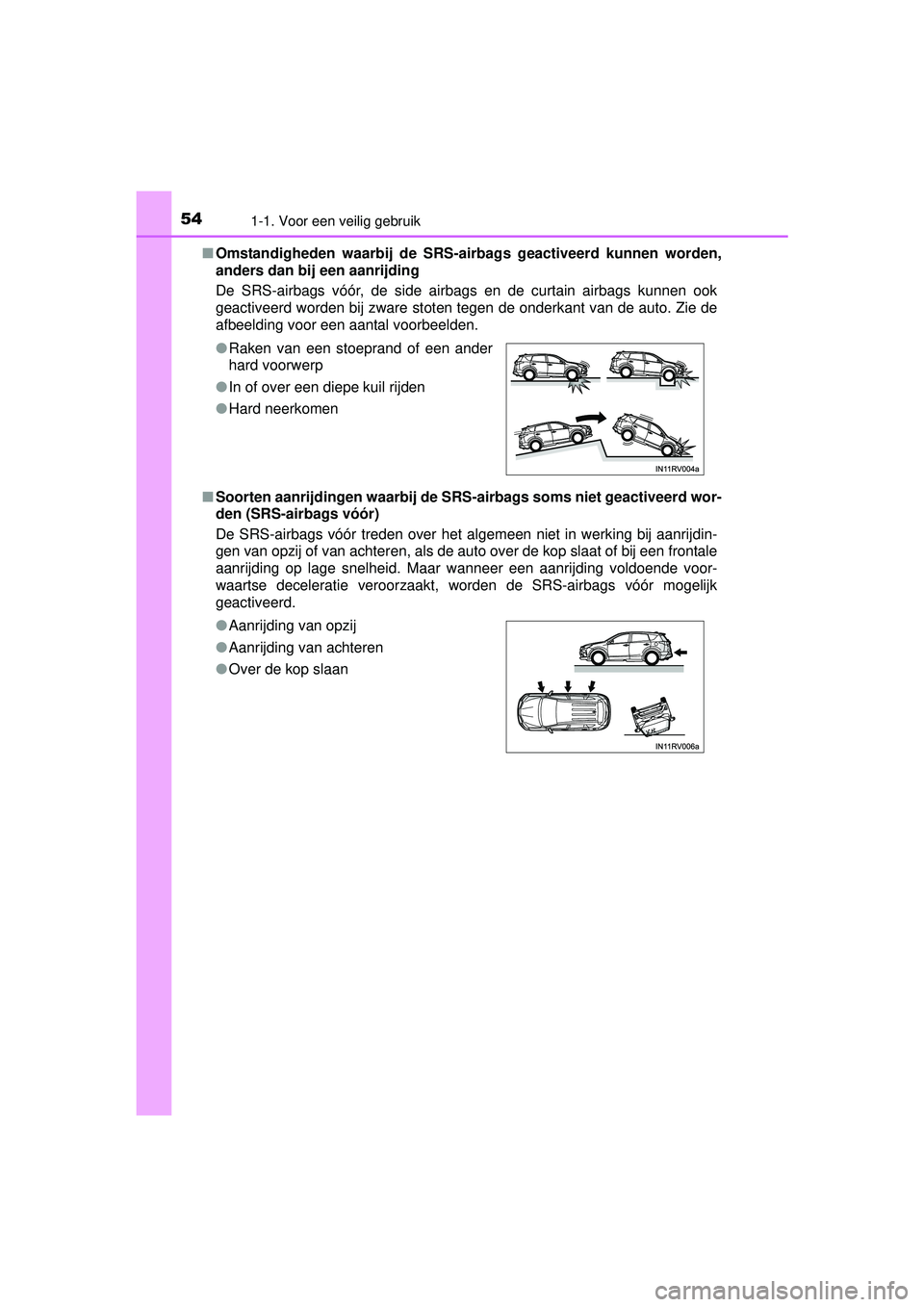 TOYOTA RAV4 2016 Instructieboekje (in Dutch) 541-1. Voor een veilig gebruik
RAV4_OM_OM42A45E_(EE)■
Omstandigheden waarbij de SRS-airbags geactiveerd kunnen worden,
anders dan bij een aanrijding
De SRS-airbags vóór, de side airbags en de cur TOYOTA RAV4 2016 Instructieboekje (in Dutch) 541-1. Voor een veilig gebruik
RAV4_OM_OM42A45E_(EE)■
Omstandigheden waarbij de SRS-airbags geactiveerd kunnen worden,
anders dan bij een aanrijding
De SRS-airbags vóór, de side airbags en de cur