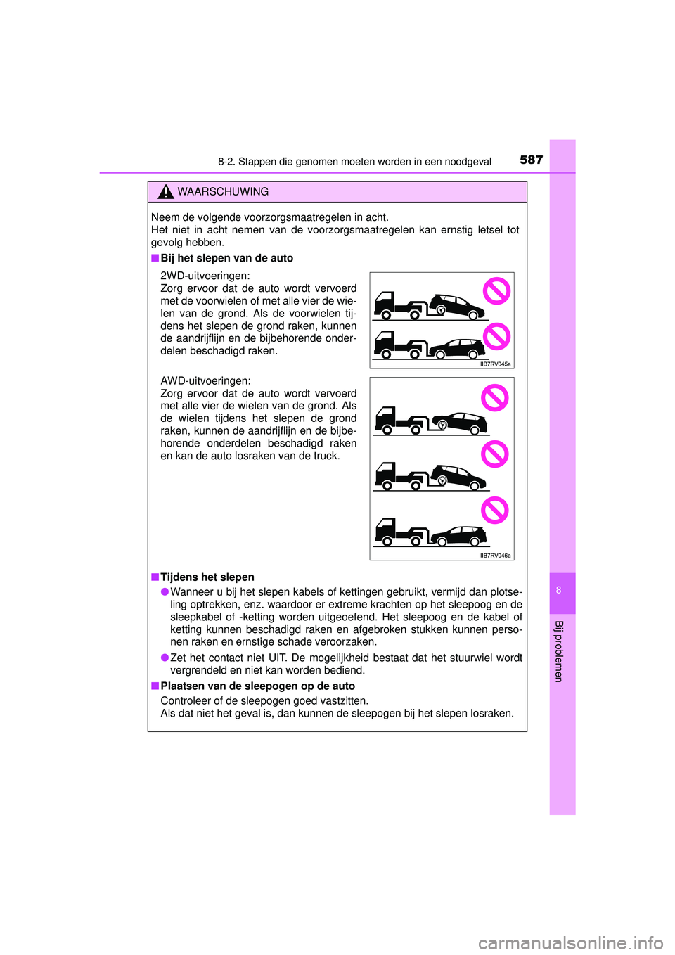 TOYOTA RAV4 2016 Instructieboekje (in Dutch) 5878-2. Stappen die genomen moeten worden in een noodgeval
8
Bij problemen
RAV4_OM_OM42A45E_(EE)
WAARSCHUWING
Neem de volgende voorzorgsmaatregelen in acht.
Het niet in acht nemen van de voorzorgsmaa TOYOTA RAV4 2016 Instructieboekje (in Dutch) 5878-2. Stappen die genomen moeten worden in een noodgeval
8
Bij problemen
RAV4_OM_OM42A45E_(EE)
WAARSCHUWING
Neem de volgende voorzorgsmaatregelen in acht.
Het niet in acht nemen van de voorzorgsmaa