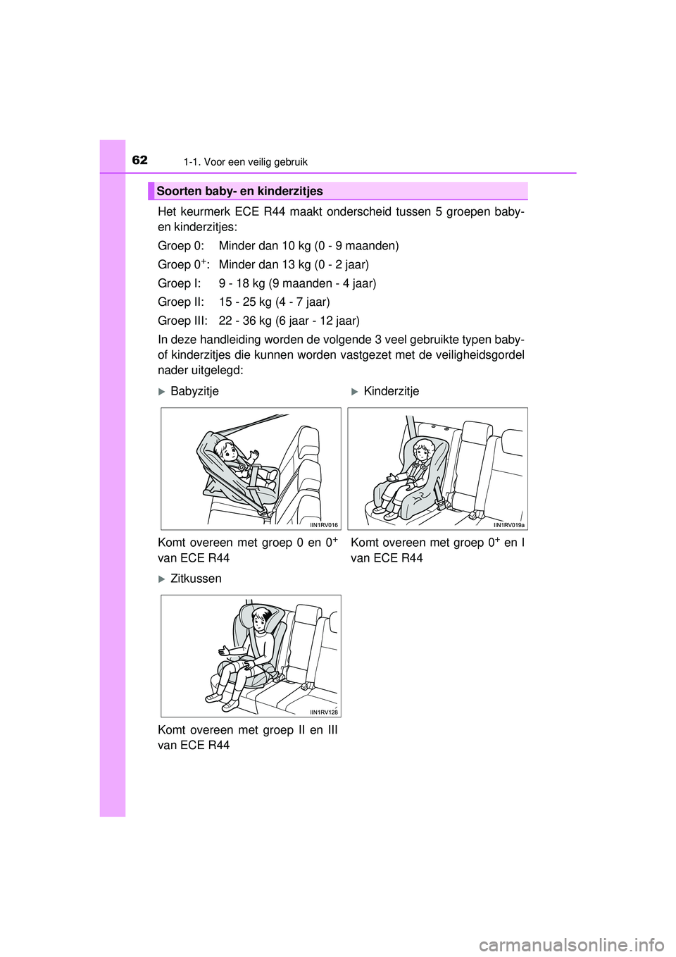 TOYOTA RAV4 2016 Instructieboekje (in Dutch) 621-1. Voor een veilig gebruik
RAV4_OM_OM42A45E_(EE)
Het keurmerk ECE R44 maakt onderscheid tussen 5 groepen baby-
en kinderzitjes:
Groep 0: Minder dan 10 kg (0 - 9 maanden)
Groep 0
+: Minder dan 13 k TOYOTA RAV4 2016 Instructieboekje (in Dutch) 621-1. Voor een veilig gebruik
RAV4_OM_OM42A45E_(EE)
Het keurmerk ECE R44 maakt onderscheid tussen 5 groepen baby-
en kinderzitjes:
Groep 0: Minder dan 10 kg (0 - 9 maanden)
Groep 0
+: Minder dan 13 k