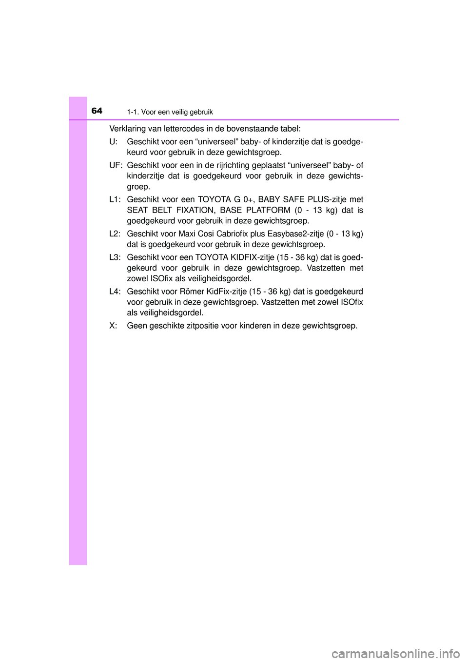 TOYOTA RAV4 2016 Instructieboekje (in Dutch) 641-1. Voor een veilig gebruik
RAV4_OM_OM42A45E_(EE)
Verklaring van lettercodes in de bovenstaande tabel:
U: Geschikt voor een “universeel” baby- of kinderzitje dat is goedge-
keurd voor gebruik i TOYOTA RAV4 2016 Instructieboekje (in Dutch) 641-1. Voor een veilig gebruik
RAV4_OM_OM42A45E_(EE)
Verklaring van lettercodes in de bovenstaande tabel:
U: Geschikt voor een “universeel” baby- of kinderzitje dat is goedge-
keurd voor gebruik i