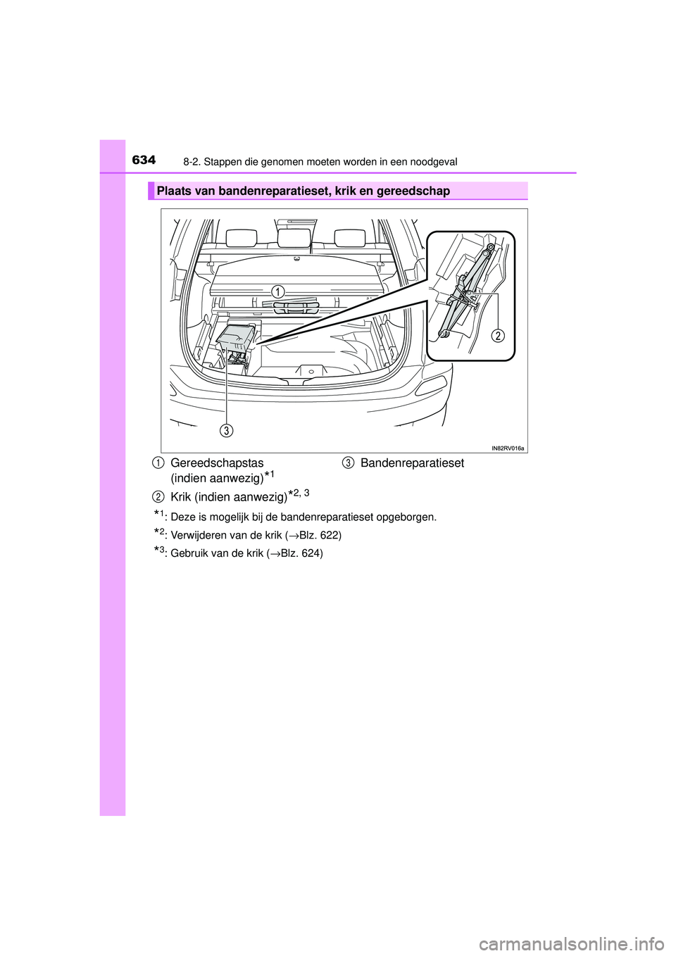 TOYOTA RAV4 2016 Instructieboekje (in Dutch) 6348-2. Stappen die genomen moeten worden in een noodgeval
RAV4_OM_OM42A45E_(EE)
*1: Deze is mogelijk bij de bandenreparatieset opgeborgen.
*2: Verwijderen van de krik (→Blz. 622)
*3: Gebruik van de TOYOTA RAV4 2016 Instructieboekje (in Dutch) 6348-2. Stappen die genomen moeten worden in een noodgeval
RAV4_OM_OM42A45E_(EE)
*1: Deze is mogelijk bij de bandenreparatieset opgeborgen.
*2: Verwijderen van de krik (→Blz. 622)
*3: Gebruik van de