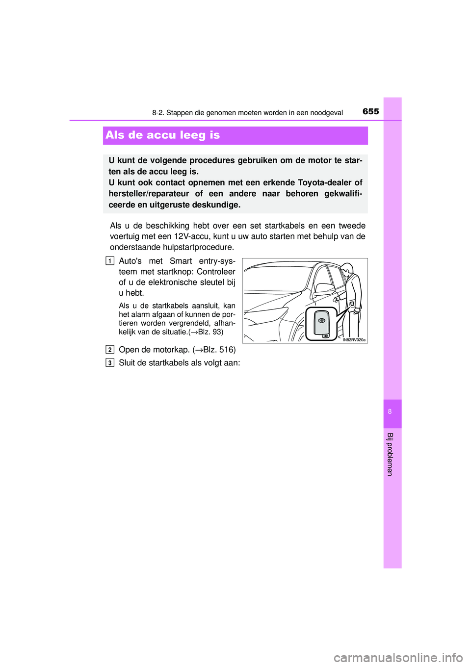 TOYOTA RAV4 2016 Instructieboekje (in Dutch) 6558-2. Stappen die genomen moeten worden in een noodgeval
8
Bij problemen
RAV4_OM_OM42A45E_(EE)
Als de accu leeg is
Als u de beschikking hebt over een set startkabels en een tweede
voertuig met een 1 TOYOTA RAV4 2016 Instructieboekje (in Dutch) 6558-2. Stappen die genomen moeten worden in een noodgeval
8
Bij problemen
RAV4_OM_OM42A45E_(EE)
Als de accu leeg is
Als u de beschikking hebt over een set startkabels en een tweede
voertuig met een 1