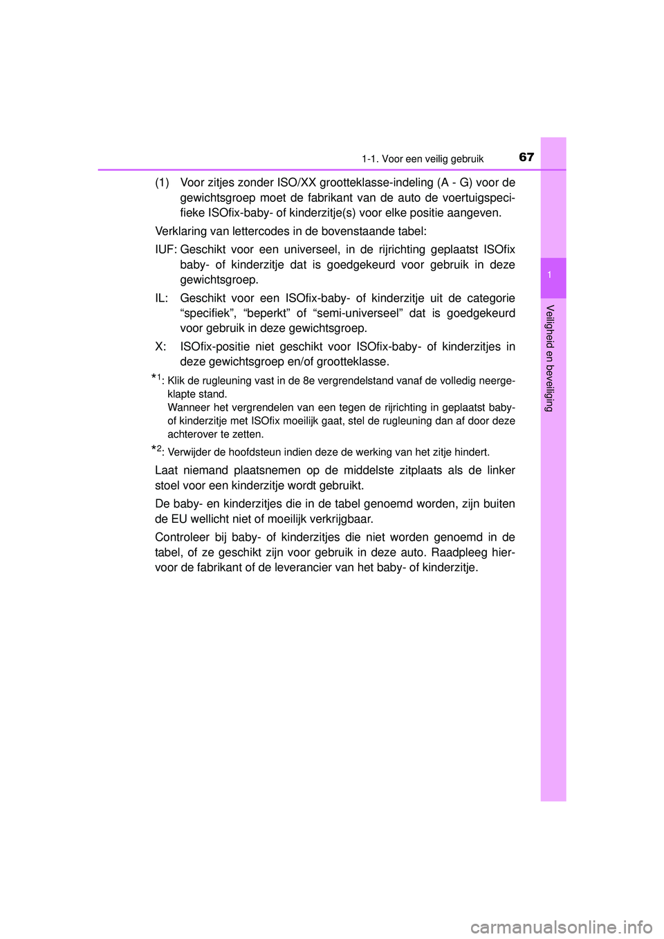 TOYOTA RAV4 2016 Instructieboekje (in Dutch) 671-1. Voor een veilig gebruik
1
RAV4_OM_OM42A45E_(EE)
Veiligheid en beveiliging
(1) Voor zitjes zonder ISO/XX grootteklasse-indeling (A - G) voor de
gewichtsgroep moet de fabrikant van de auto de vo TOYOTA RAV4 2016 Instructieboekje (in Dutch) 671-1. Voor een veilig gebruik
1
RAV4_OM_OM42A45E_(EE)
Veiligheid en beveiliging
(1) Voor zitjes zonder ISO/XX grootteklasse-indeling (A - G) voor de
gewichtsgroep moet de fabrikant van de auto de vo