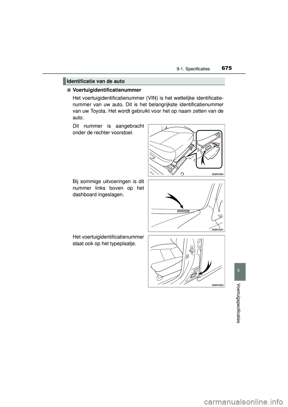 TOYOTA RAV4 2016 Instructieboekje (in Dutch) 6759-1. Specificaties
RAV4_OM_OM42A45E_(EE)
9
Voertuigspecificaties
■Voertuigidentificatienummer
Het voertuigidentificatienummer (VIN) is het wettelijke identificatie-
nummer van uw auto. Dit is het TOYOTA RAV4 2016 Instructieboekje (in Dutch) 6759-1. Specificaties
RAV4_OM_OM42A45E_(EE)
9
Voertuigspecificaties
■Voertuigidentificatienummer
Het voertuigidentificatienummer (VIN) is het wettelijke identificatie-
nummer van uw auto. Dit is het