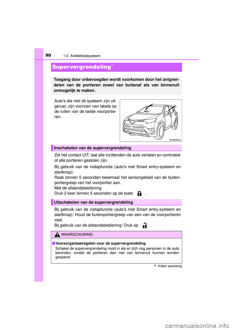 TOYOTA RAV4 2016 Instructieboekje (in Dutch) 901-2. Antidiefstalsysteem
RAV4_OM_OM42A45E_(EE)
Super vergrendeling∗
Autos die met dit systeem zijn uit-
gerust, zijn voorzien van labels op
de ruiten van de beide voorportie-
ren.
Zet het contact TOYOTA RAV4 2016 Instructieboekje (in Dutch) 901-2. Antidiefstalsysteem
RAV4_OM_OM42A45E_(EE)
Super vergrendeling∗
Autos die met dit systeem zijn uit-
gerust, zijn voorzien van labels op
de ruiten van de beide voorportie-
ren.
Zet het contact