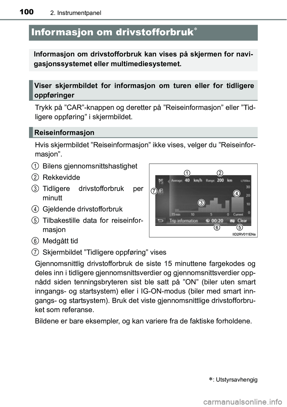 TOYOTA RAV4 2016  Instruksjoner for bruk (in Norwegian) 1002. Instrumentpanel
Informasjon om drivstofforbruk∗
Trykk på ”CAR”-knappen og deretter på ”Reiseinformasjon” eller ”Tid-
ligere oppføring” i skjermbildet.
Hvis skjermbildet ”Reise