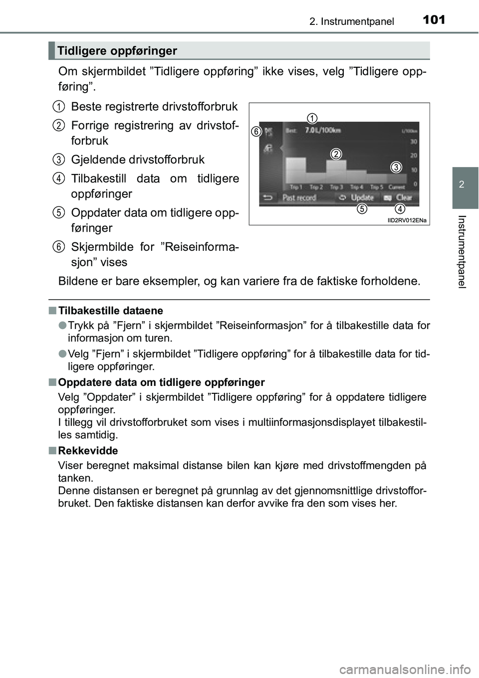 TOYOTA RAV4 2016 Instruksjoner for bruk (in Norwegian) 1012. Instrumentpanel
2
Instrumentpanel
Om skjermbildet ”Tidligere oppføring” ikke vises, velg ”Tidligere opp-
føring”.
Beste registrerte drivstofforbruk
Forrige registrering av drivstof-
fo TOYOTA RAV4 2016 Instruksjoner for bruk (in Norwegian) 1012. Instrumentpanel
2
Instrumentpanel
Om skjermbildet ”Tidligere oppføring” ikke vises, velg ”Tidligere opp-
føring”.
Beste registrerte drivstofforbruk
Forrige registrering av drivstof-
fo