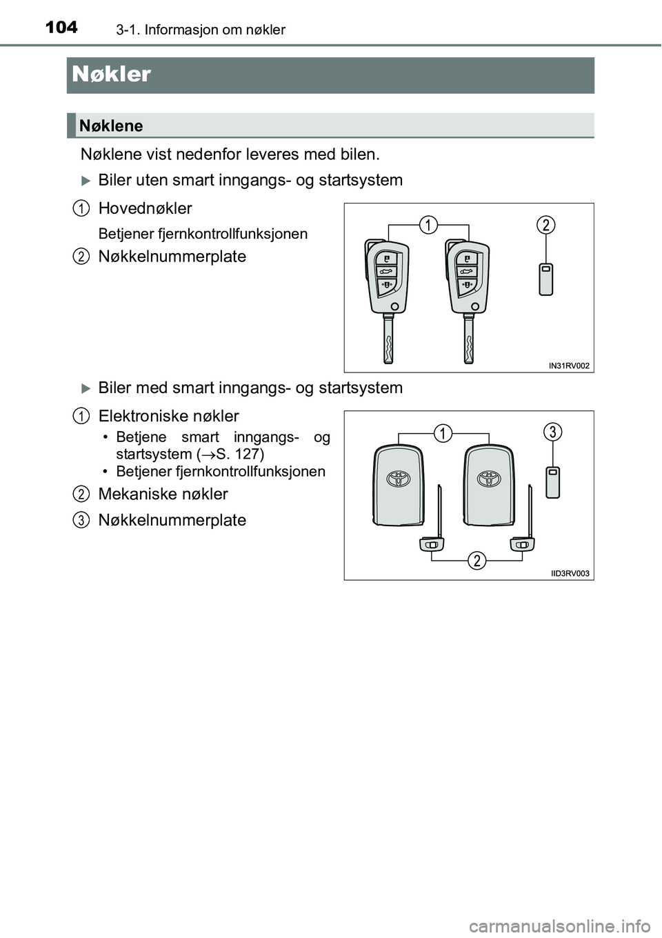 TOYOTA RAV4 2016  Instruksjoner for bruk (in Norwegian) 1043-1. Informasjon om nøkler
Nøkler
Nøklene vist nedenfor leveres med bilen.
�XBiler uten smart inngangs- og startsystem
Hovednøkler
Betjener fjernkontrollfunksjonen
Nøkkelnummerplate
�XBiler me